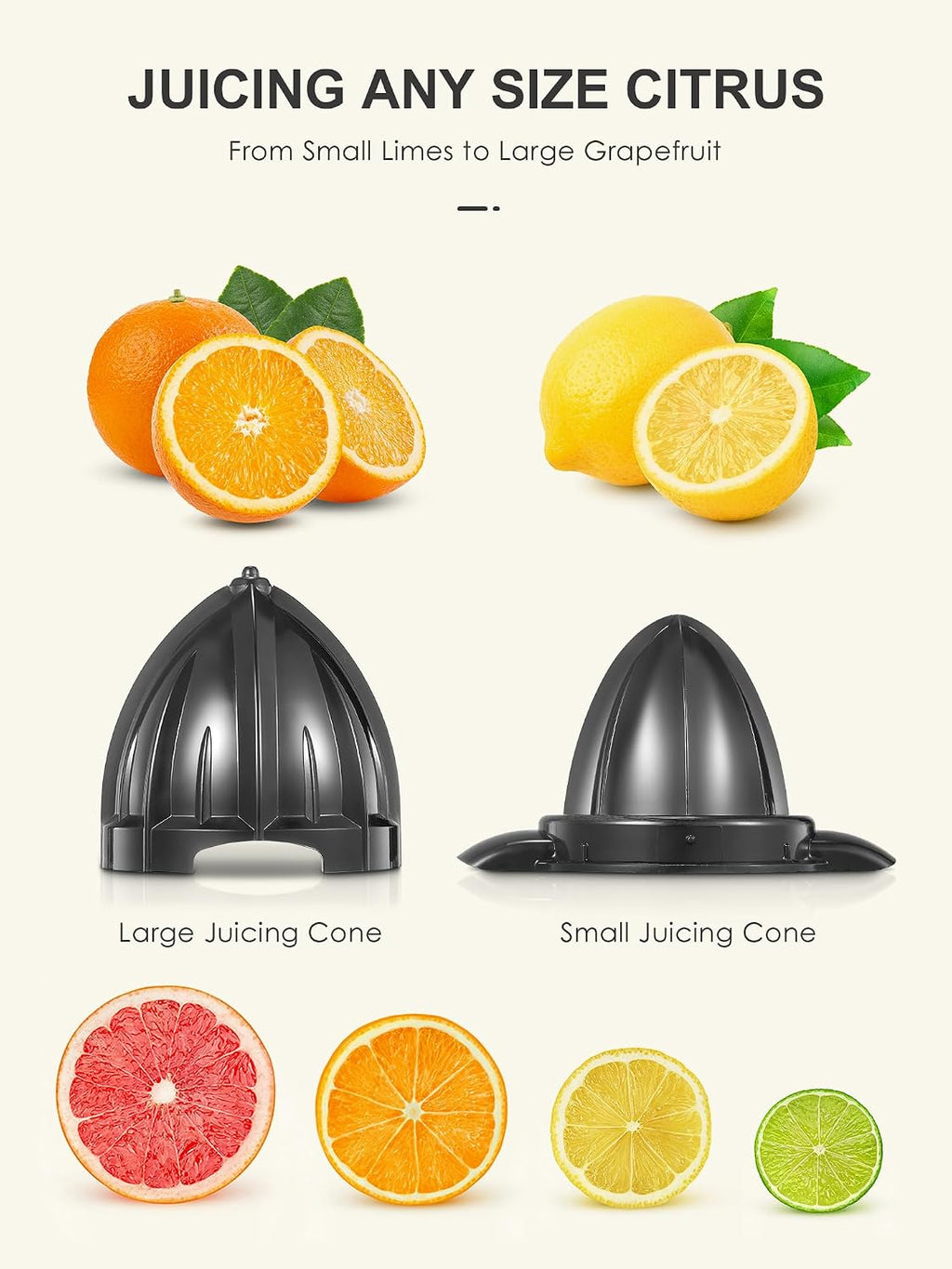 Electric Citrus Juicer, Orange Juicer with Two Interchangeable Cones | Suitable for orange, lemon and Grapefruit