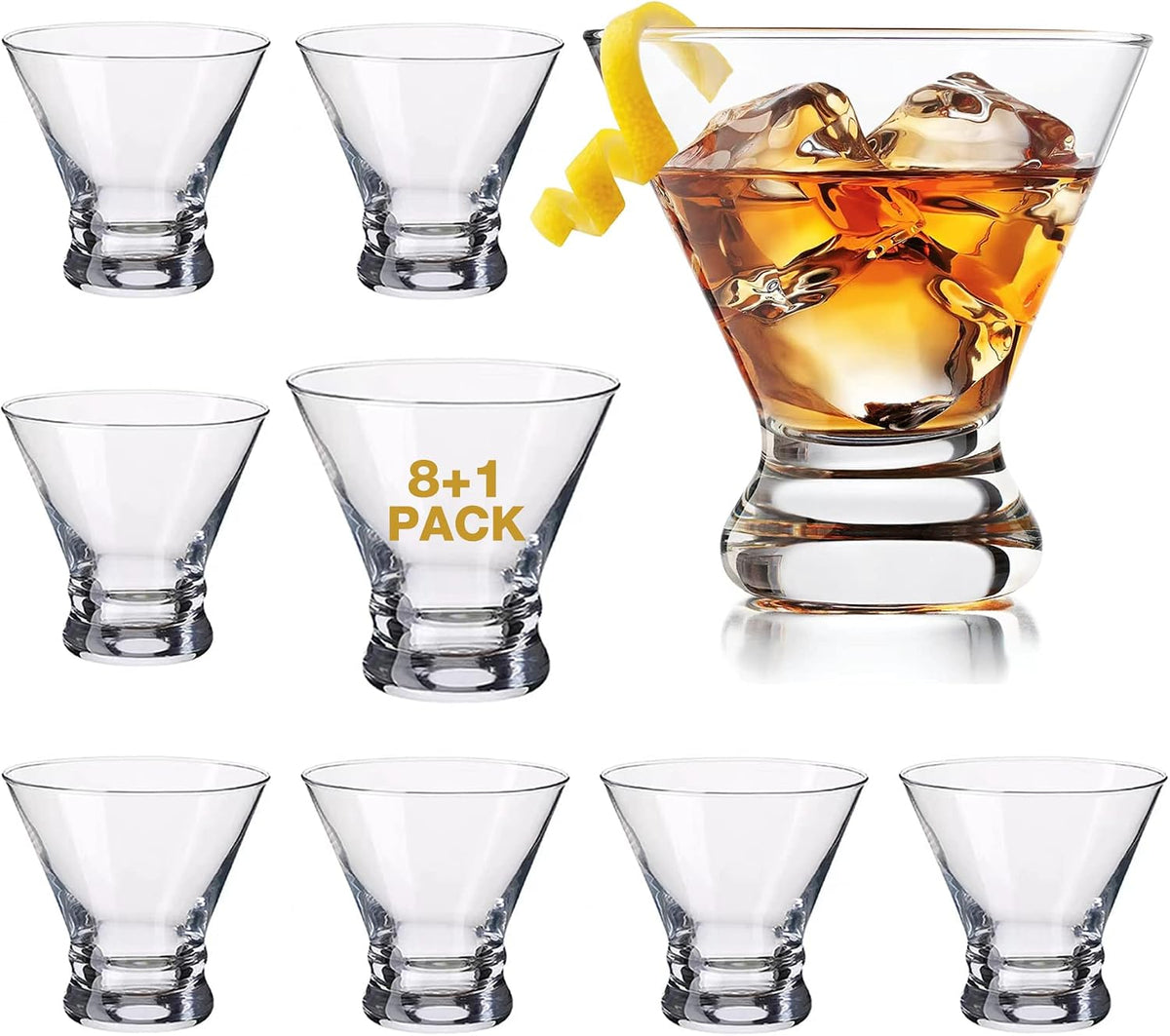 Martini Glasses Set of 9(Buy 8, get 1 Free), Crystal Cocktail Glasses 8 Ounces, Hand Blown Stemless Martini Glasses