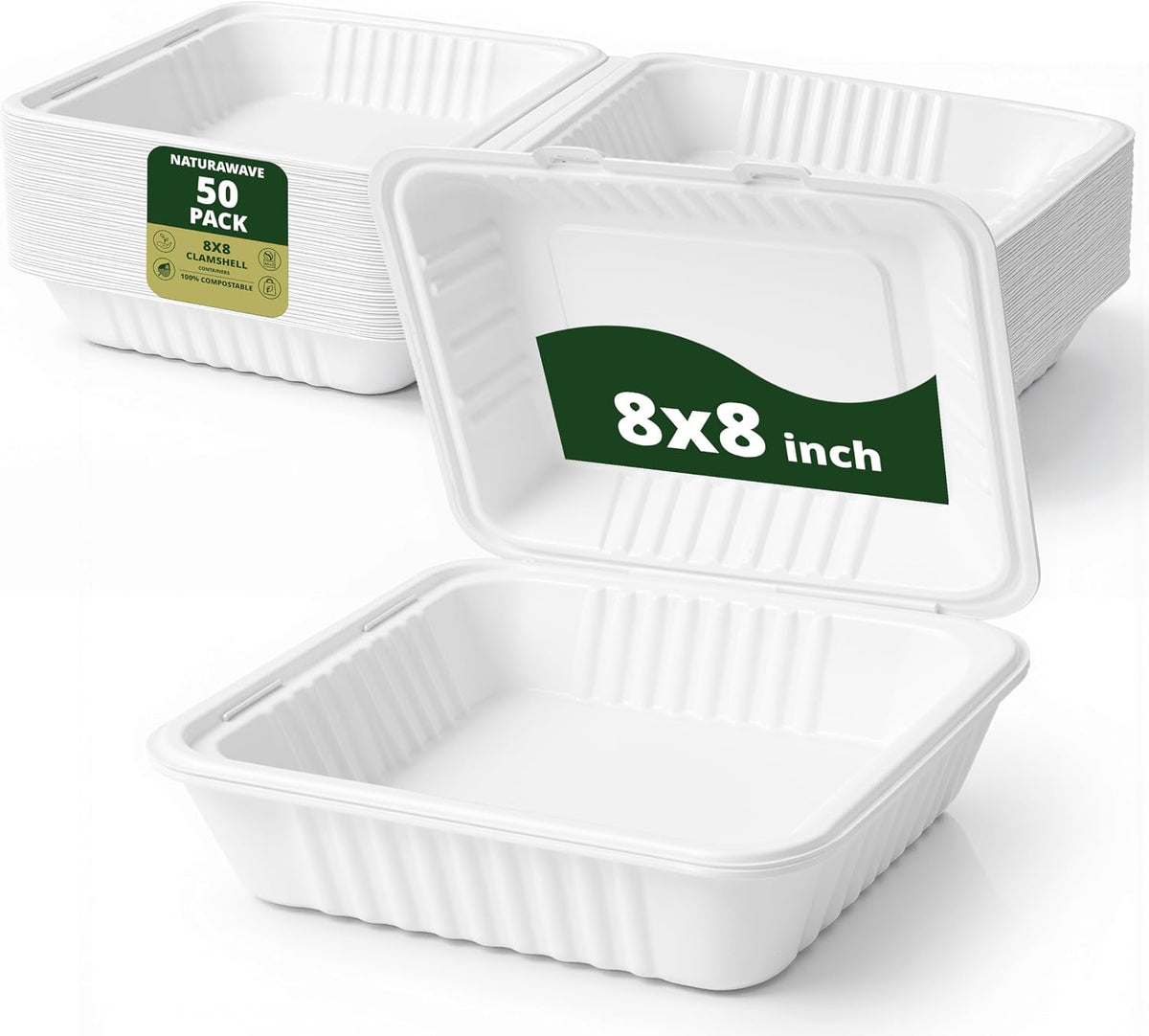 100% Compostable Clamshell Take Out Food Containers 8X8" 50-Pack Heavy-Duty Quality to go Containers, Natural
