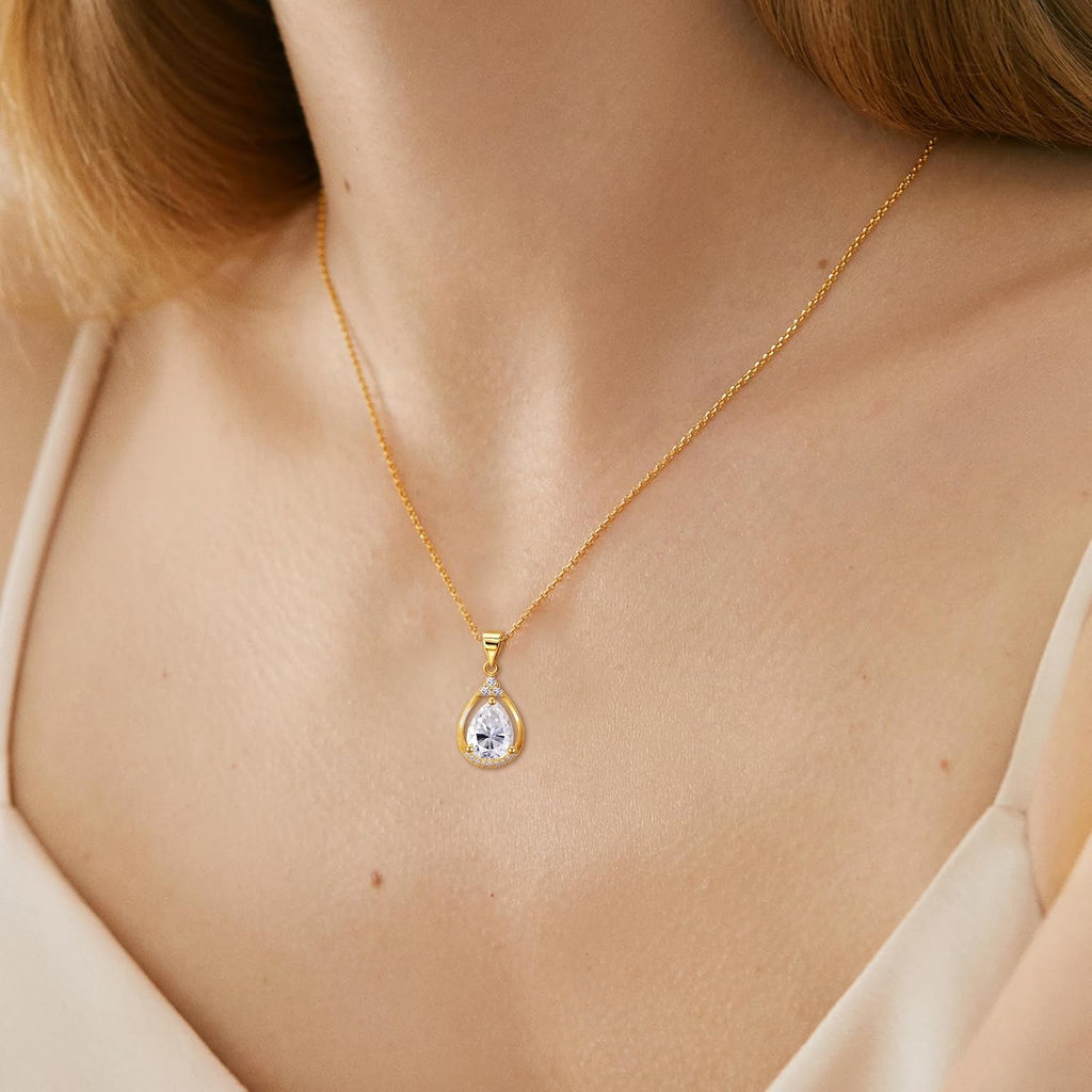 Sterling Silver Teardrop Drop Pendant Necklace for Women Hypoallergenic Cubic Zirconia Adjustable Charm Water Drop