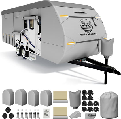 Heavy Duty Travel Trailer RV Cover 24-27ft, Rv Trailer Cover 8 Layers Breathable Waterproof Rip-Stop Camper Cover