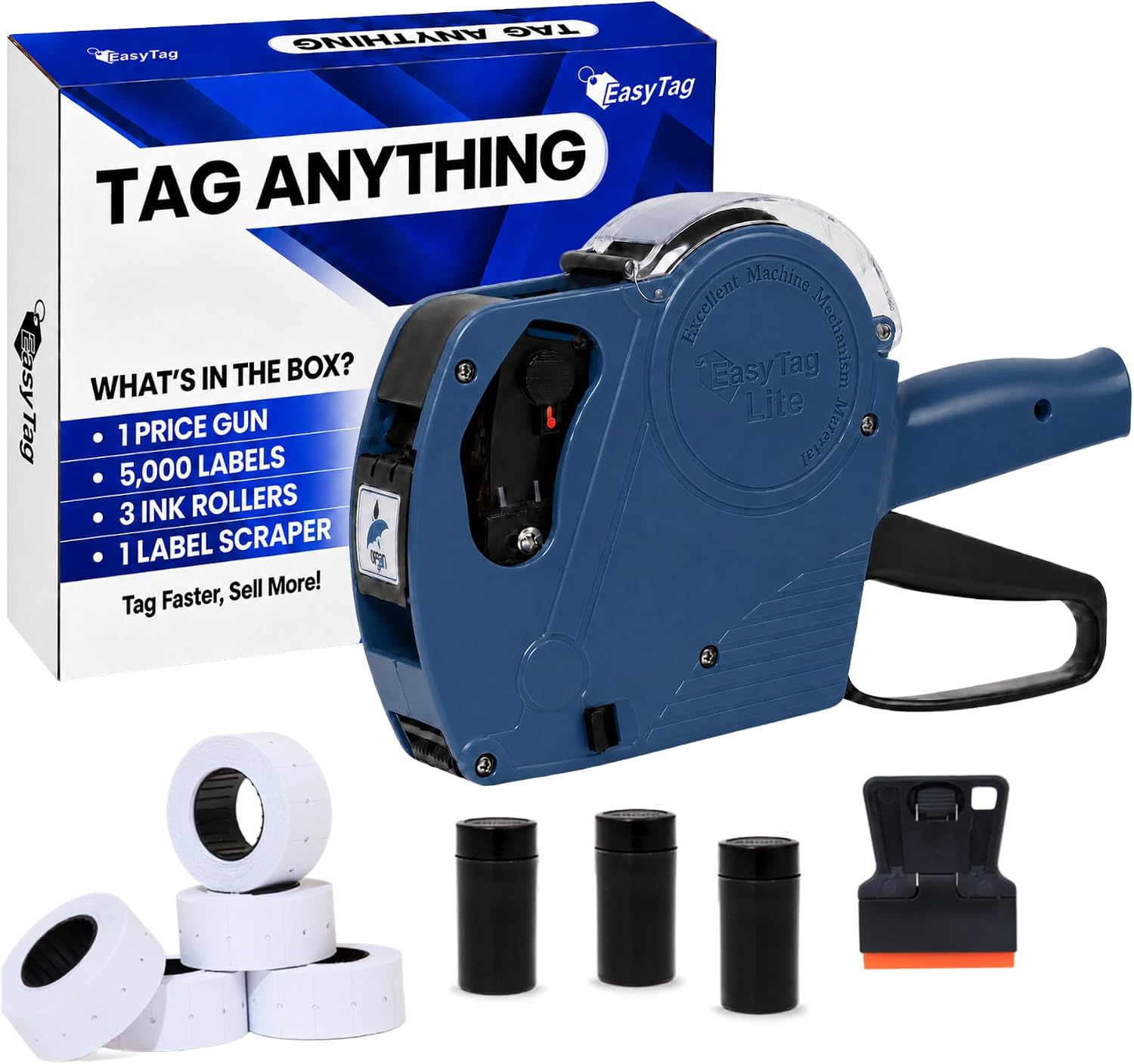 Lite Price Gun, 8 Digits 5500EOS Pricing Gun with 5,000 White Label Stickers, 3 Ink Rollers, 1 Scraper, Price Guns