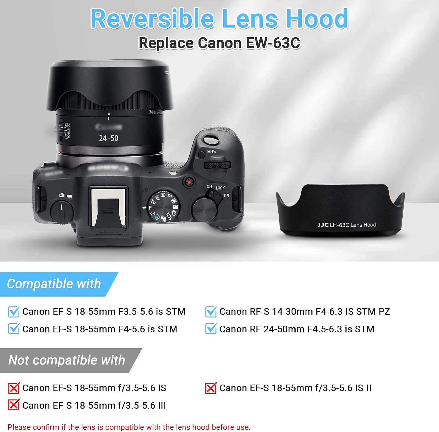 Reversible Lens Hood Shade Protector for Canon EF-S 18-55mm F3.5-5.6 F4-5.6 is STM & RF-S 14-30mm F4-6.3 IS on R50V &