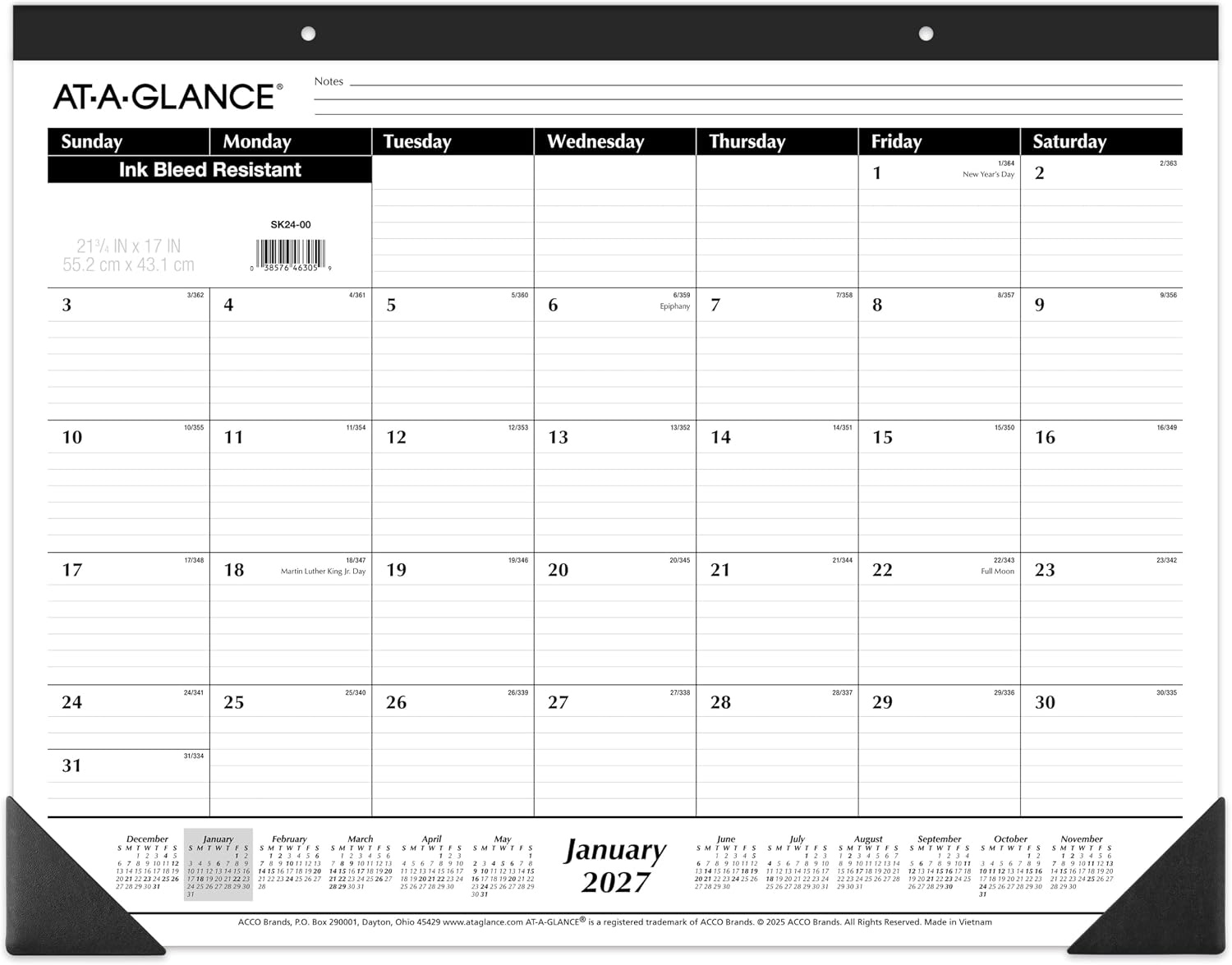 2027 Desk Pad Calendar, Monthly Desk Wall Planner, 21.75" x 17", Ruled Blocks (SK240027)
