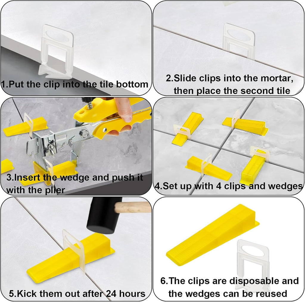 Tile Leveling System 1/8" Kit with 1pc Tile Plier, 600pcs Tile Spacers Level Clips, 200pcs Reusable Wedges for Wall