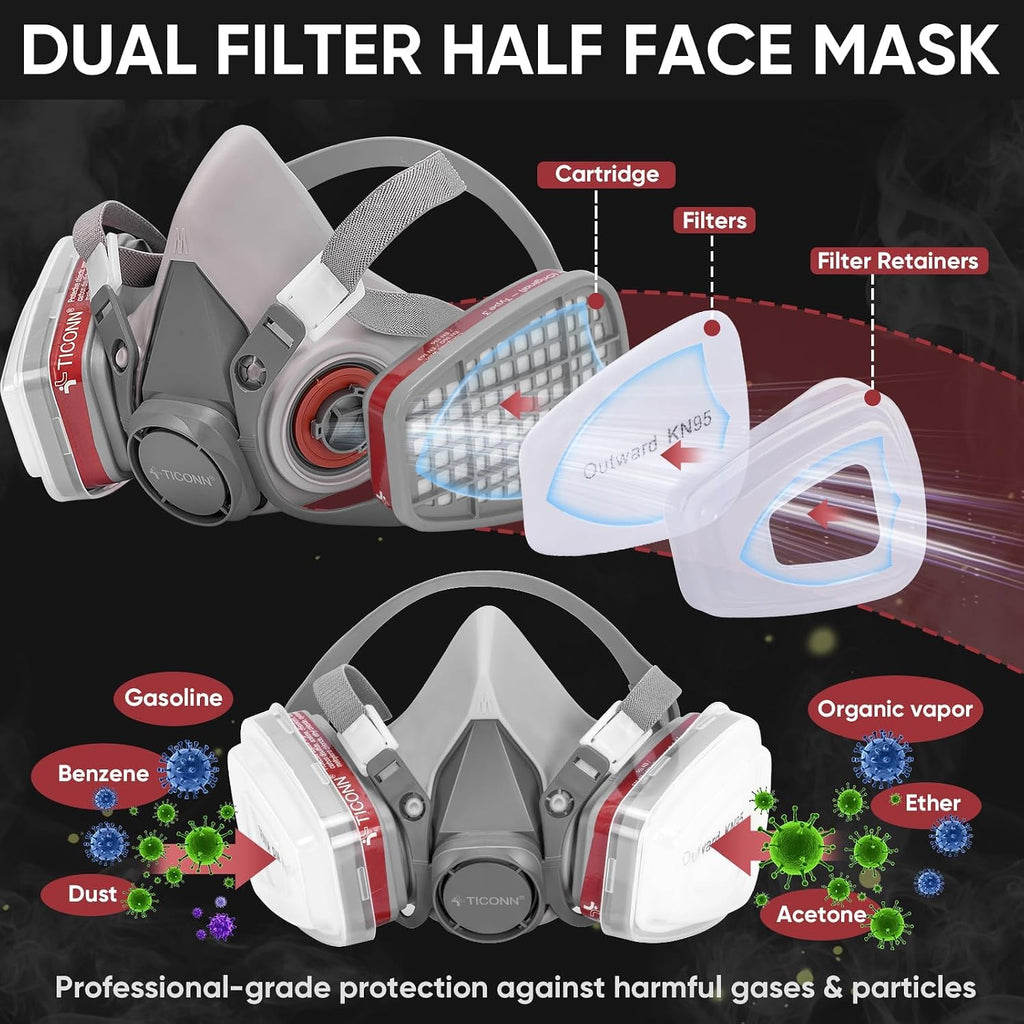 Reusable Respirator Mask with Filters, Gas Mask with Anti Fog Safety Glasses, Anti-Dust Half Face Cover Respirator
