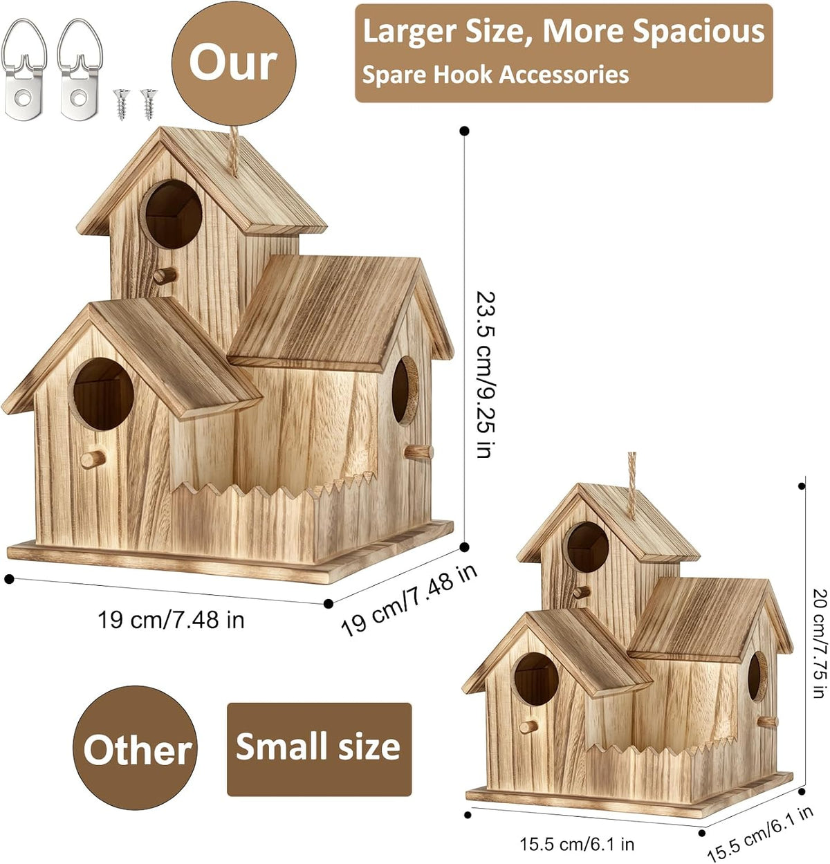 Large Wooden Bird House for Outside, 3-Hole Birdhouse, Outdoor Bird Nesting Box for Bluebird Chickadee Finch Wren