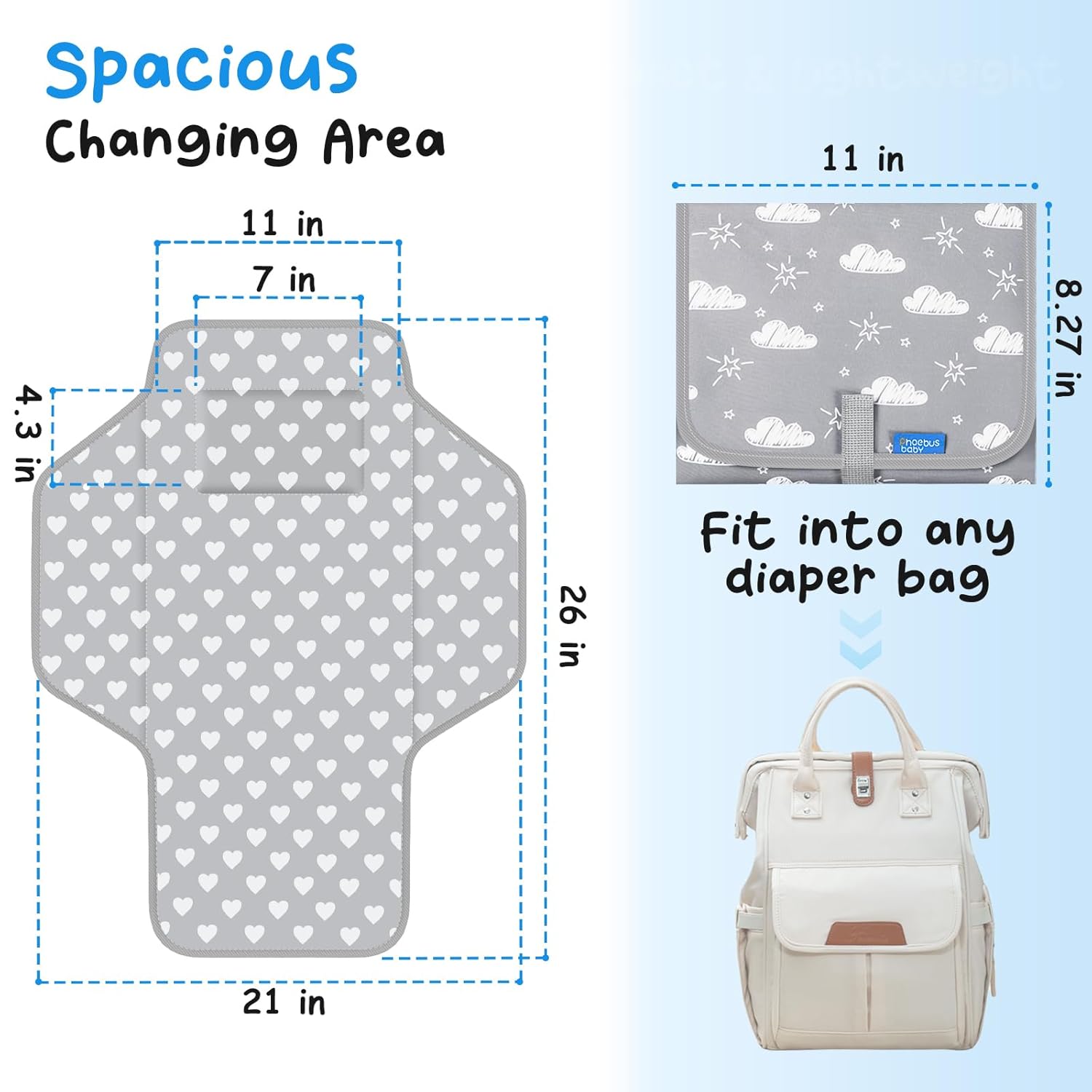 Baby Portable Changing Pad Travel - Waterproof Compact Diaper Changing Mat with Built-in Pillow - Lightweight &