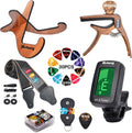 Guitar Accessories Kit: Wooden Stand, Strap, Clip-On Tuner, 3-in-1 Capo, 30 Picks for Acoustic, Electric Guitar, Bass