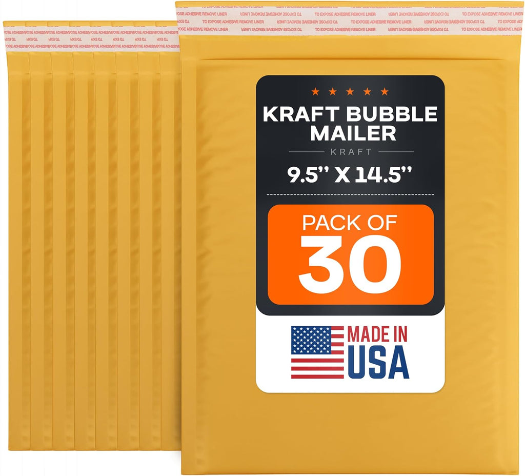 Kraft Bubble Mailers 9.5" x 14.5", Pack of 30 - USA-Made Heavy-Duty Padded Envelopes for Retail Shipping - Large