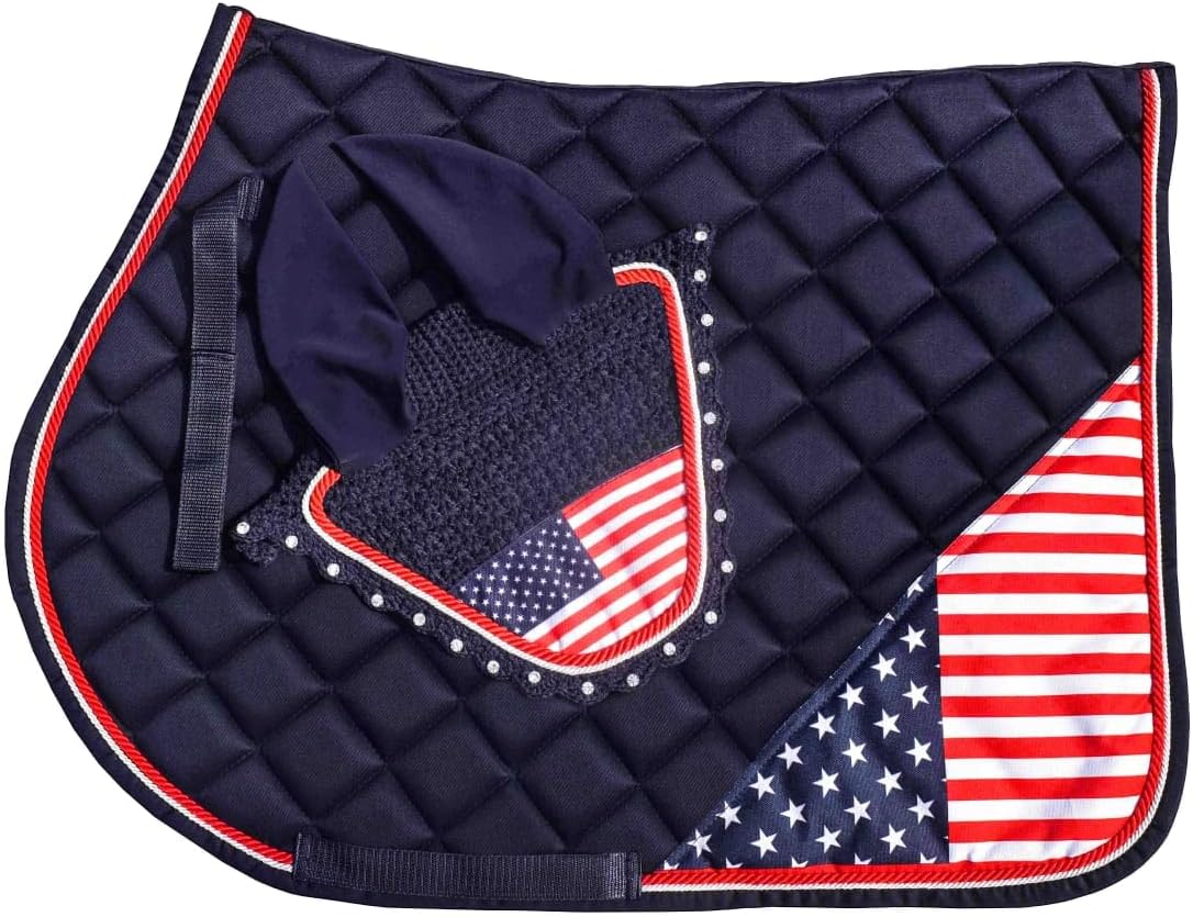 American Flag All Purpose English Saddle Pad, Handmade Jumping Saddle Pad, Fly Bonnet,Fly Veil