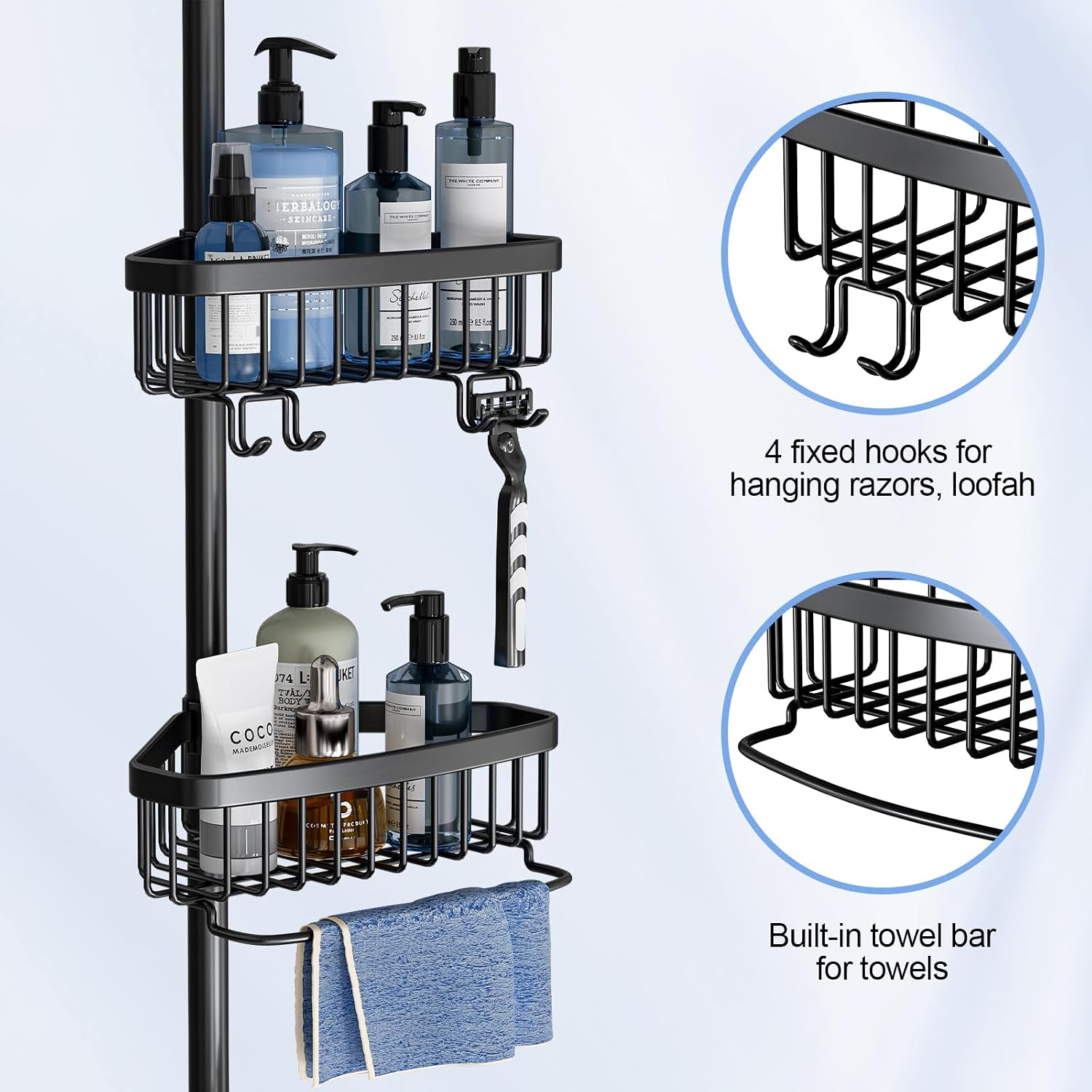 Corner Shower Caddy Tension Pole: Adjustable Rustproof 4-Tier Inside Bathroom Organizer - 47-121 inch Quick