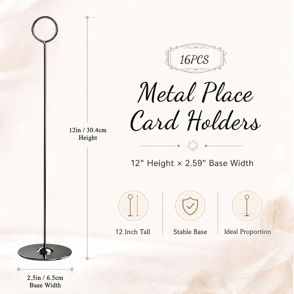 16PK Table Number Holders Place Card Holders 12 Inch Table Card Holders Steel Card Holders for Photos, Food Signs