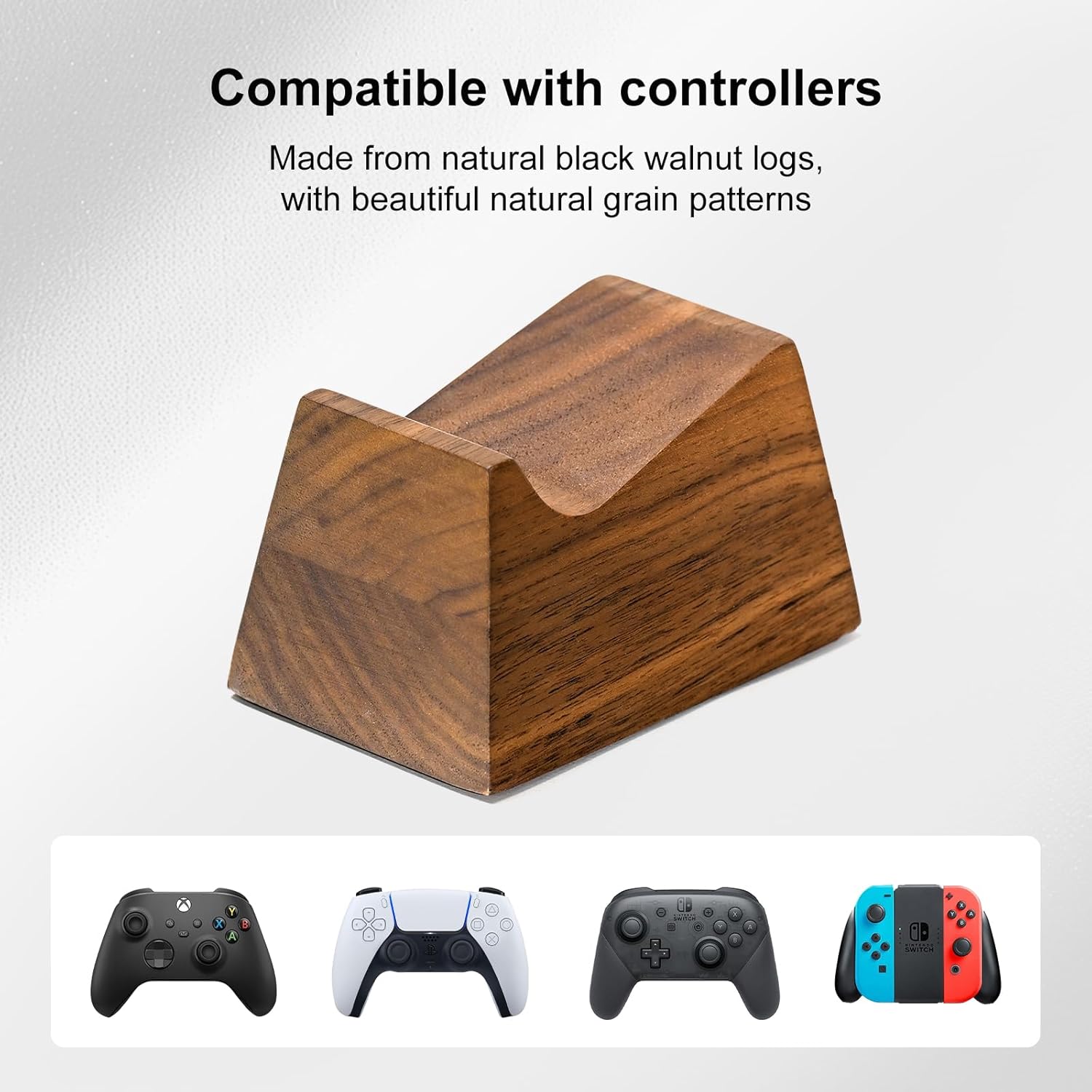Walnut Headphone Stand with Controller Holder & Storage Base | Solid Wood Grain, Gear & Charger Storage, Gamer Gift
