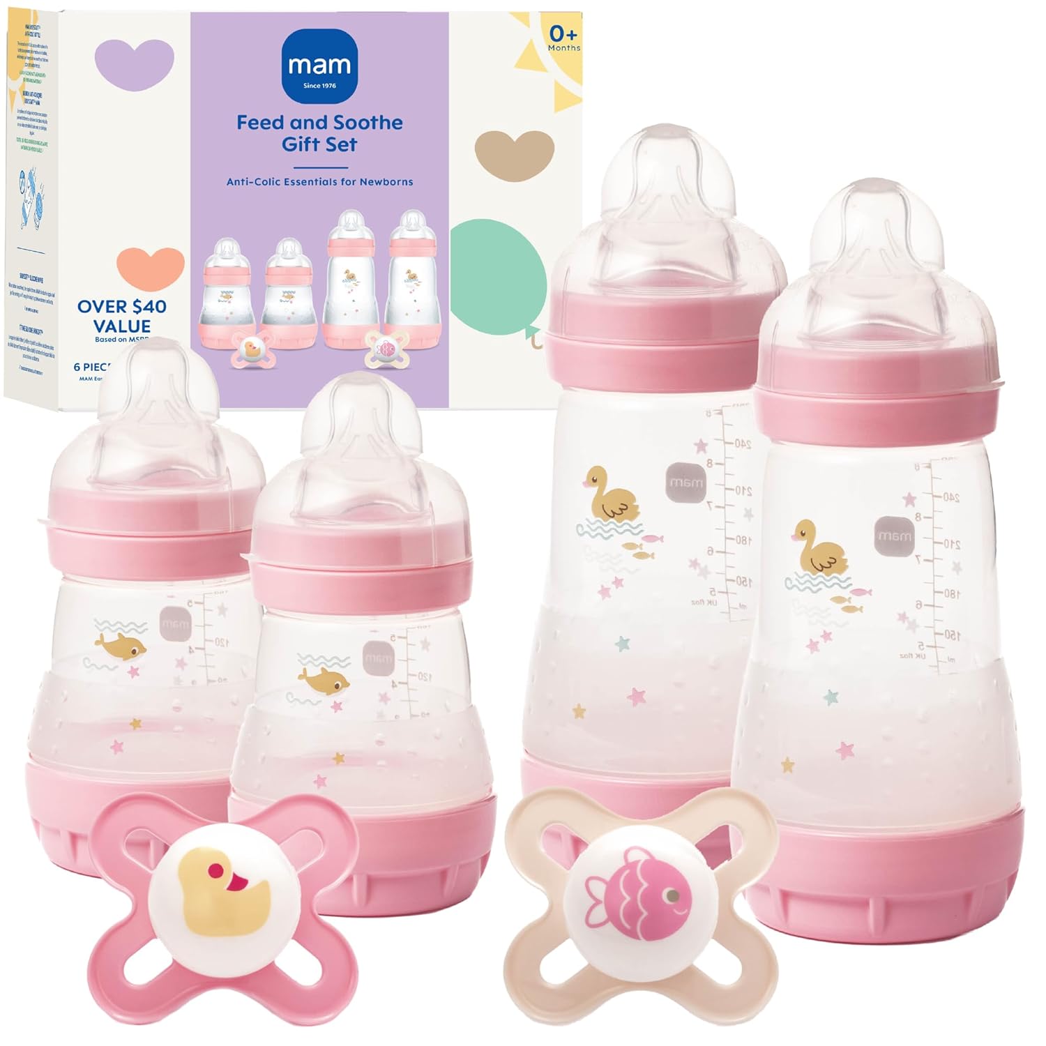 Easy Start Anti-Colic Baby Bottle Starter Set – 4 Self Sterilizing Bottles (5oz & 9oz) + 2 Newborn Pacifiers