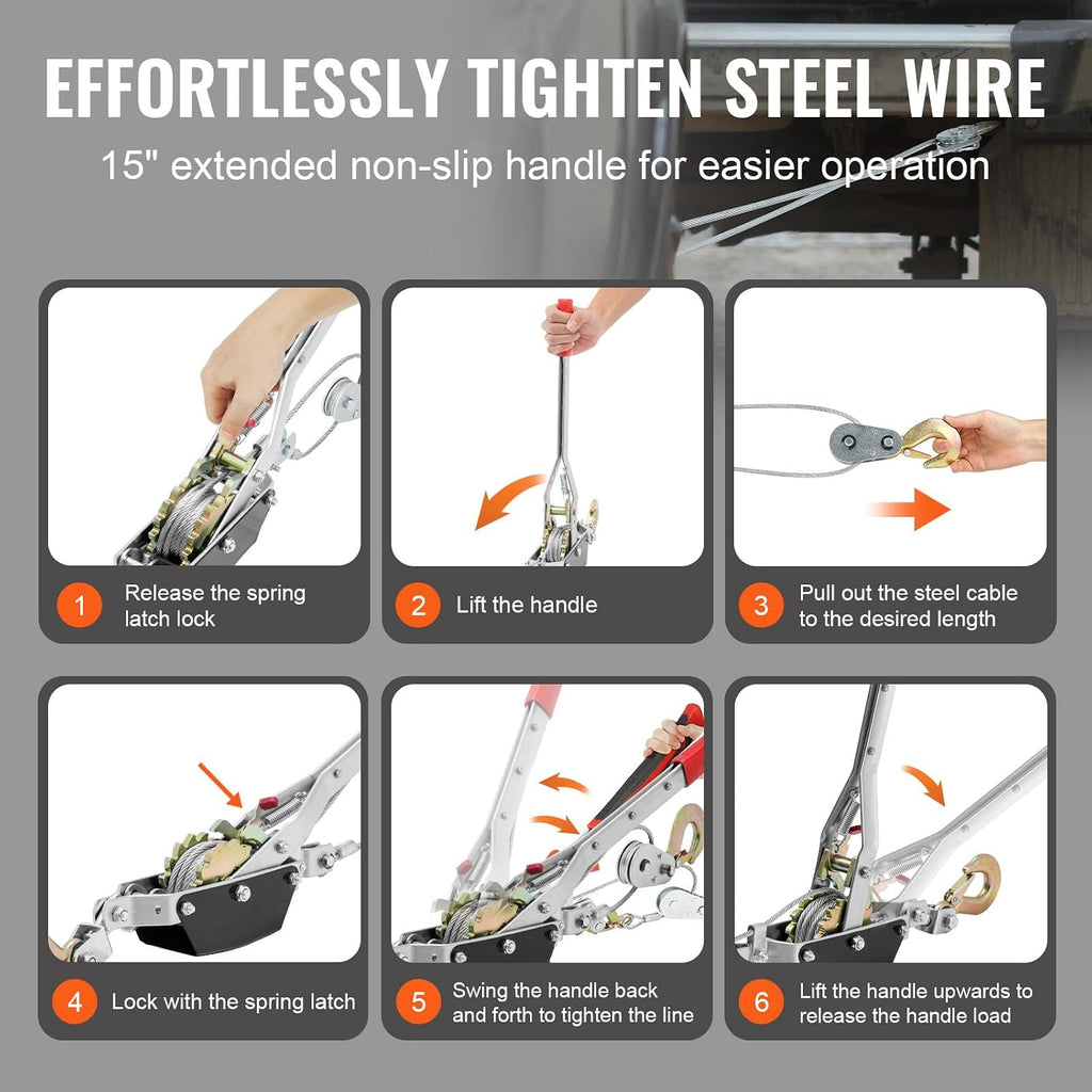 Come Along Winch, 2 Ton (4,409 lbs) Pulling Capacity, 12 ft Steel Cable, 2 Hooks, Heavy Duty Ratchet Power Puller