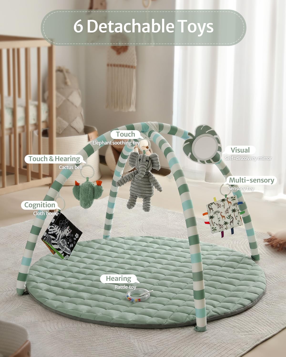 Baby Play Gym Mat, Play Mat Activity Mat with 6 Detachable Toys for Stage-Based Sensory & Motor Skill Development