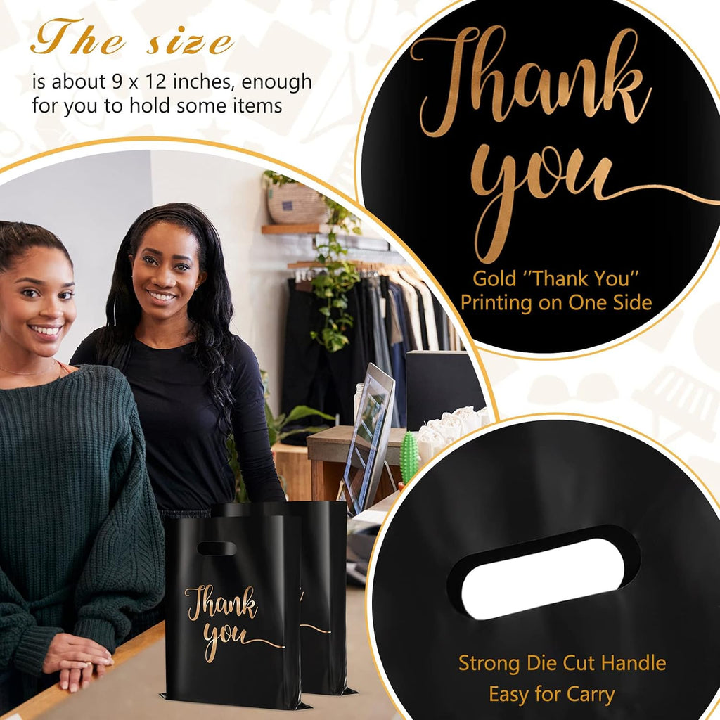 200 Pcs Thank You Merchandise Bags 9x12 Plastic Die Cut Handle
