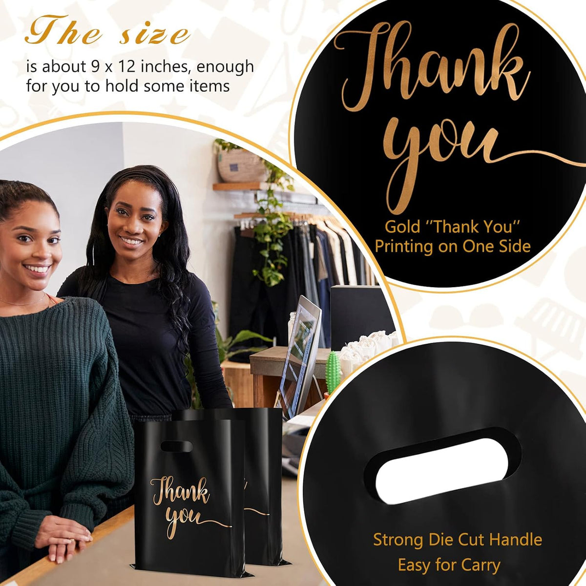 200 Pcs Thank You Merchandise Bags 9x12 Plastic Die Cut Handle