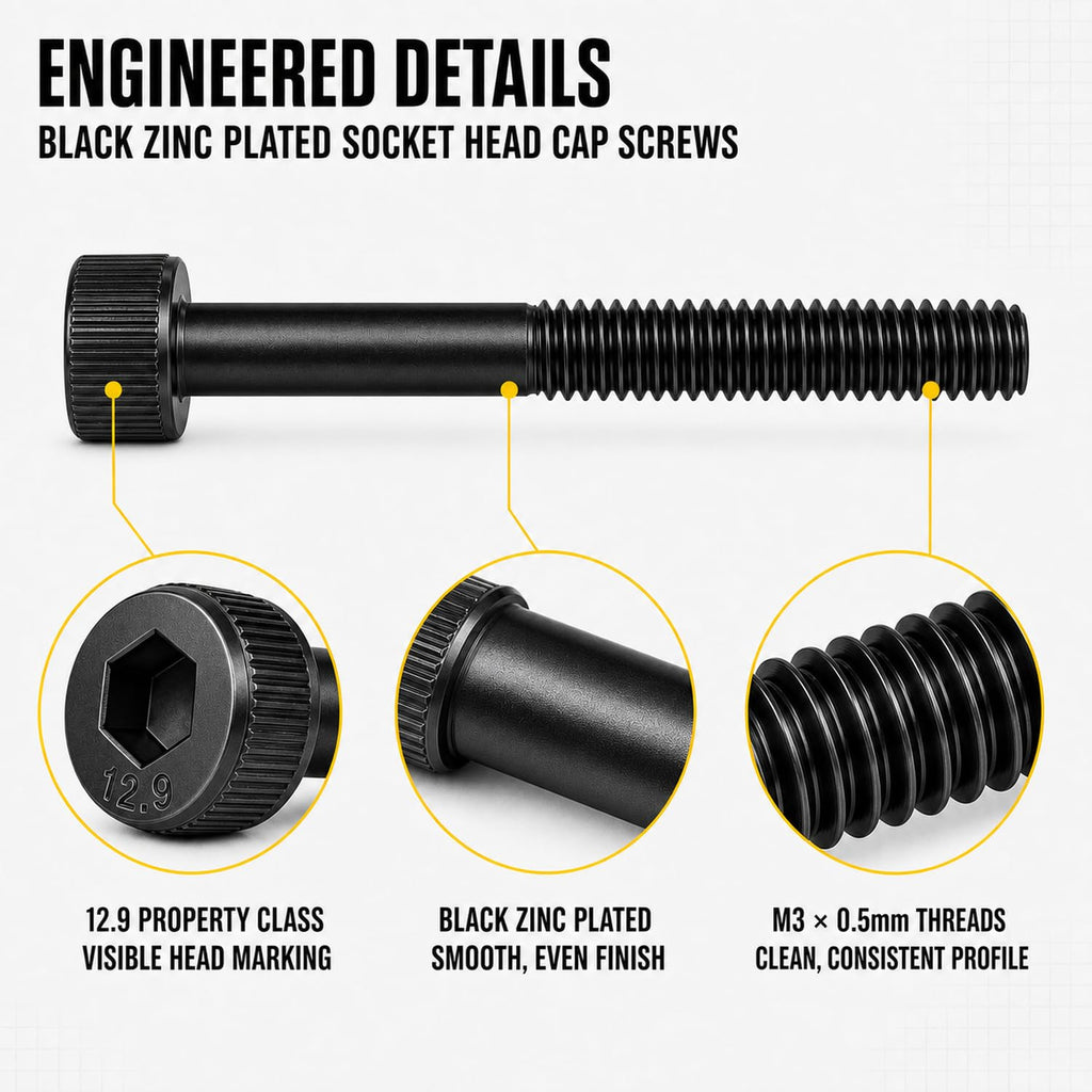 M3x30mm Screws 200pcs Hex Socket Cap 12.9 Steel Black Zinc Half Thread