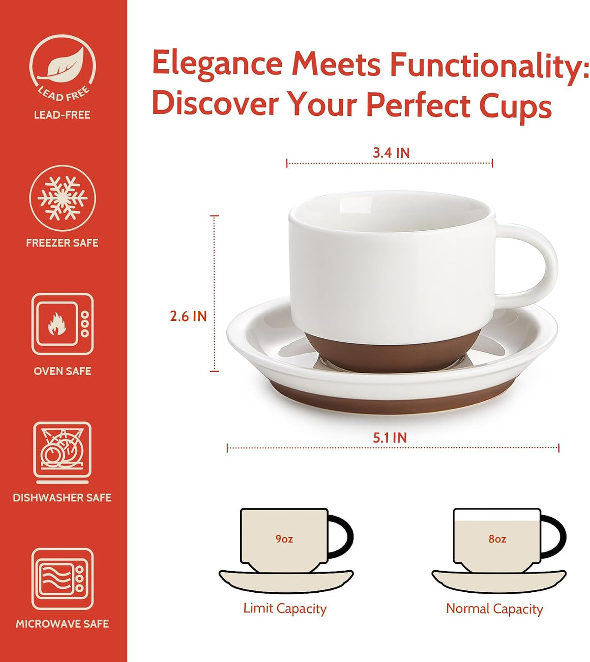 8 Ounce Cappuccino Cups Set of 4, Porcelain Stackable Coffee Cups with Saucers and Metal Stand, Earthy Spectrum