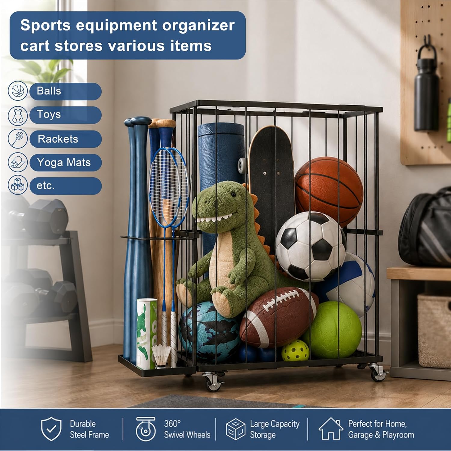 Garage Ball Storage Rack with Wheels and Elastic Rope, Sports Ball Holder for Basketball, Soccer, Volleyball
