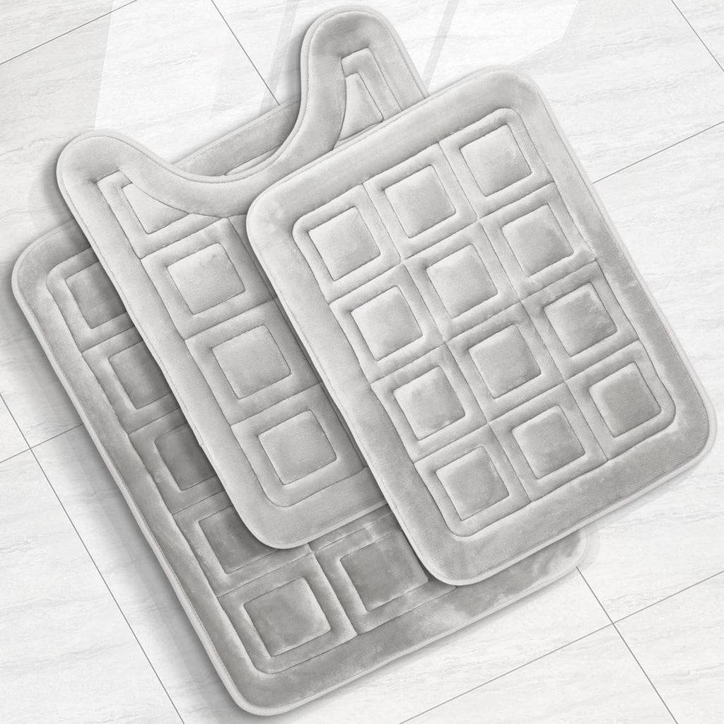 Set of 3 Bath Mats, Non-Slip Velvet Memory Foam Bathroom Rugs, Machine Wash, Soft and Plush Bath Rugs, 17 x 24 Inch