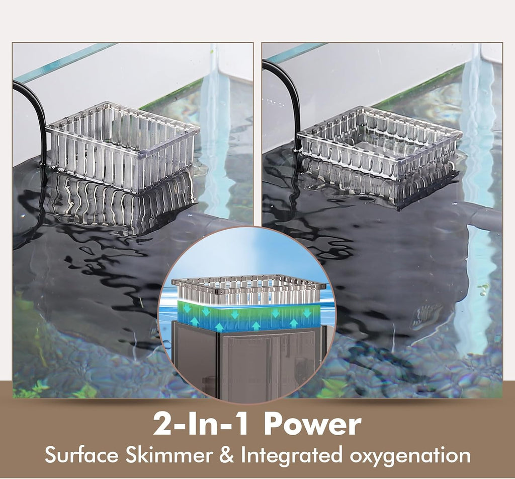 Aquarium Surface Skimmer up to 50 Gallon Aquariums, 132GPH Flow Skimmer with Dual Outlet & Wave Maker Function, 6W