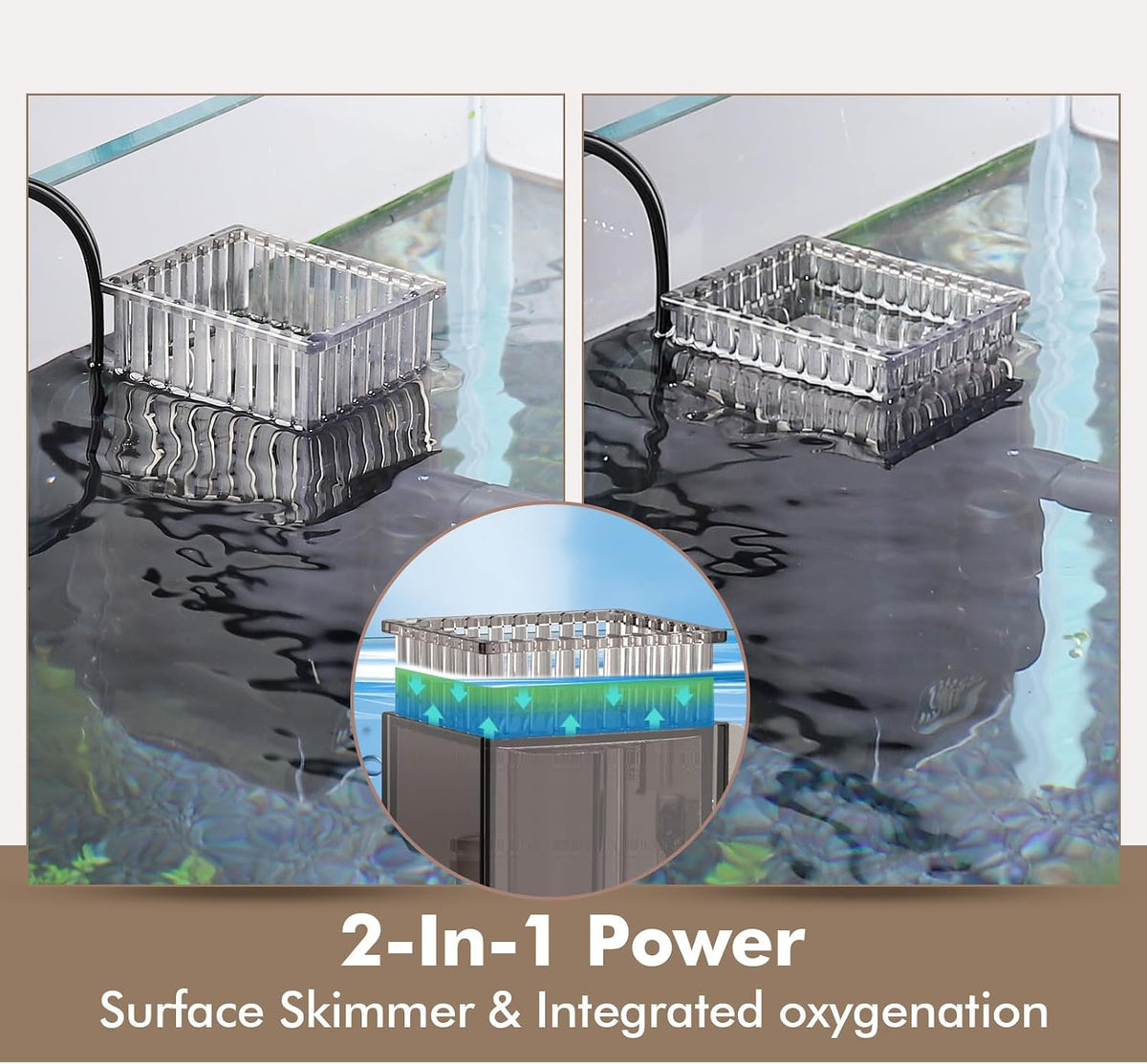 Aquarium Surface Skimmer up to 50 Gallon Aquariums, 132GPH Flow Skimmer with Dual Outlet & Wave Maker Function, 6W