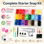 Snap Button Kit with Pliers, 375 T5 Plastic Snaps, 24 Colors