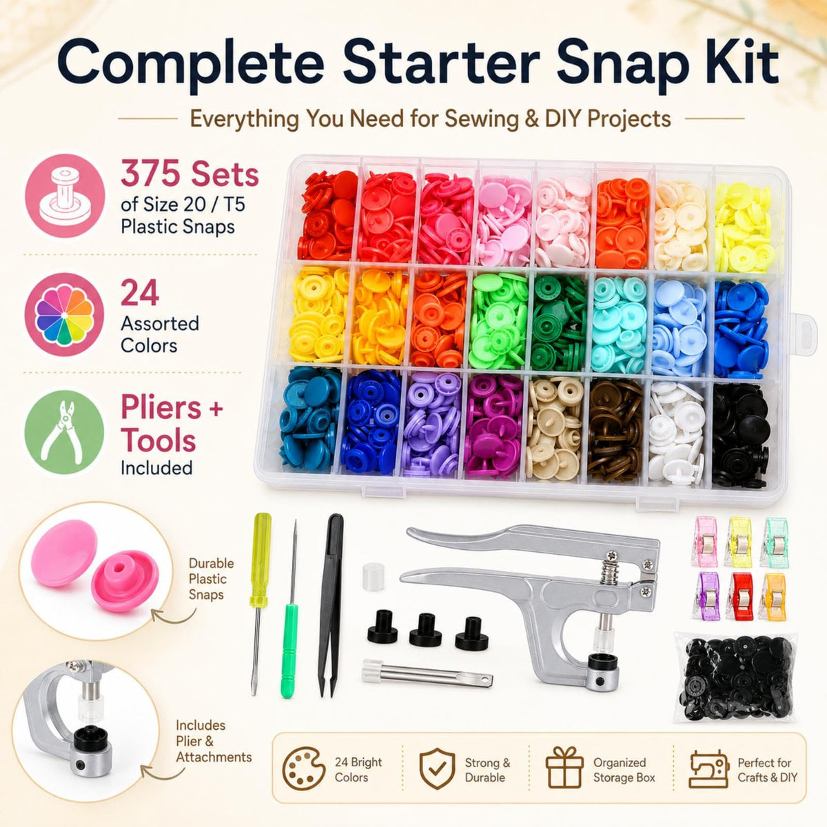 Snap Button Kit with Pliers, 375 T5 Plastic Snaps, 24 Colors