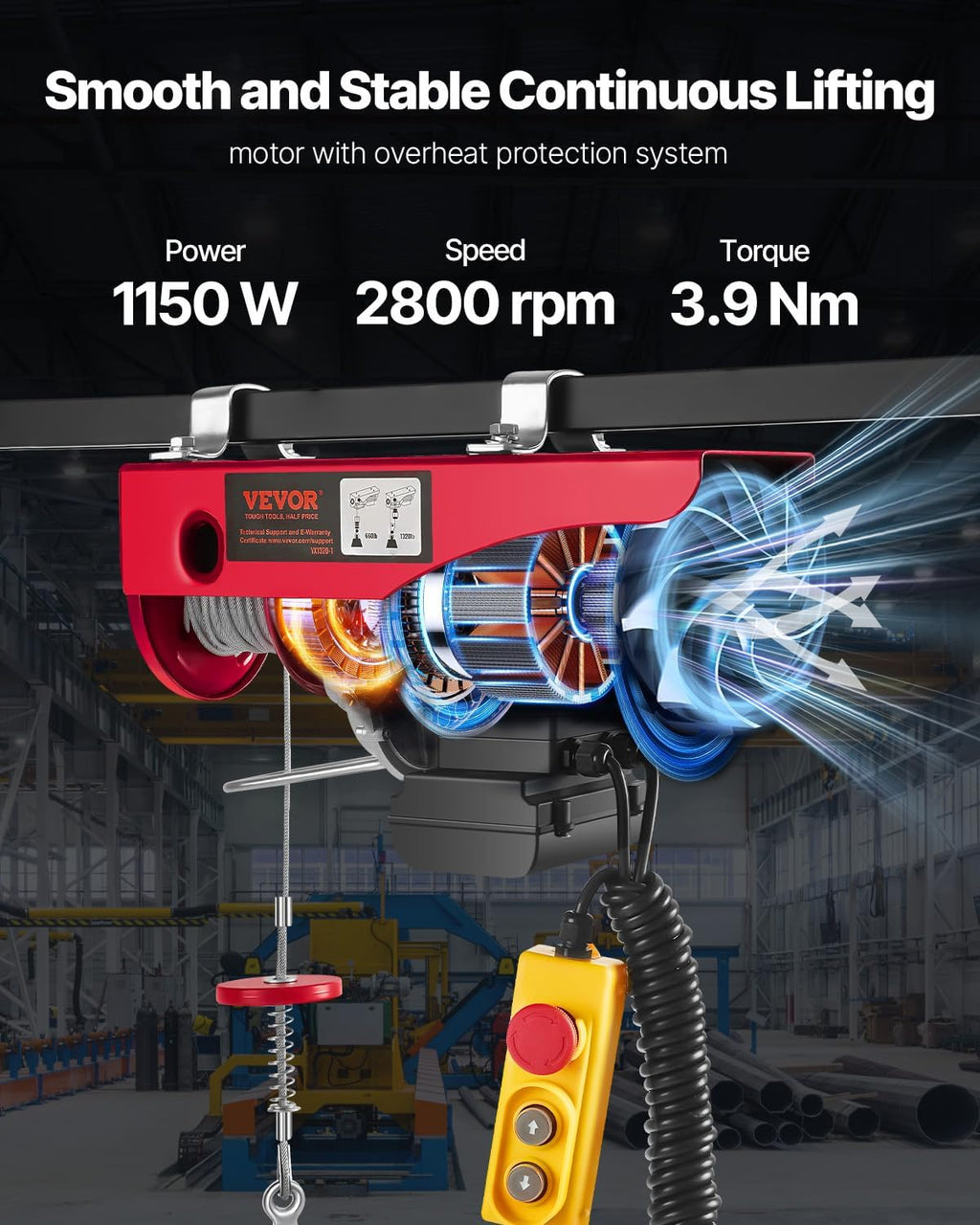 Electric Hoist with Remote Control, 1320LBS Electric Winch, 110V Electric Hoist with 14ft Wired Control for Lifting