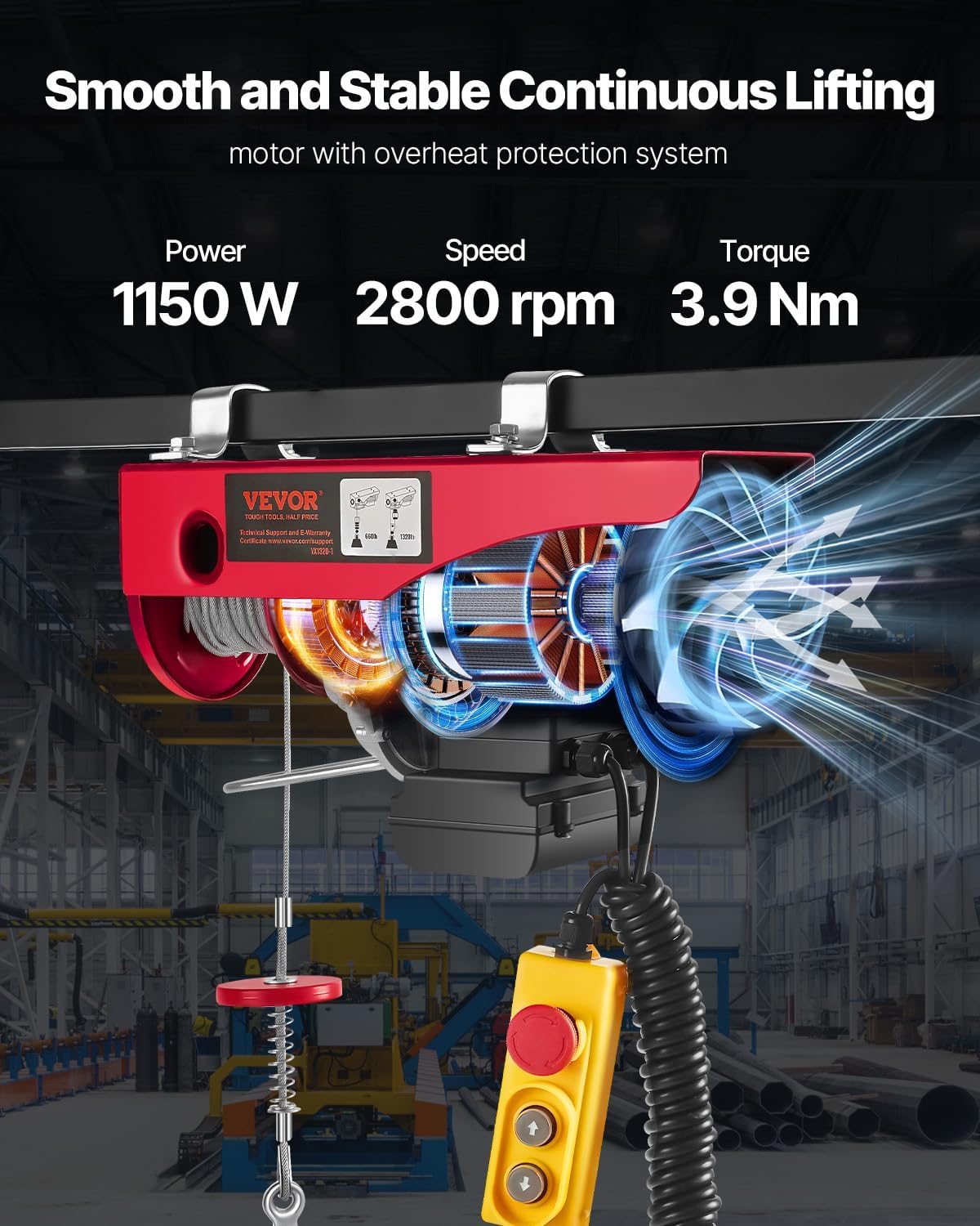 Electric Hoist with Remote Control, 1320LBS Electric Winch, 110V Electric Hoist with 14ft Wired Control for Lifting