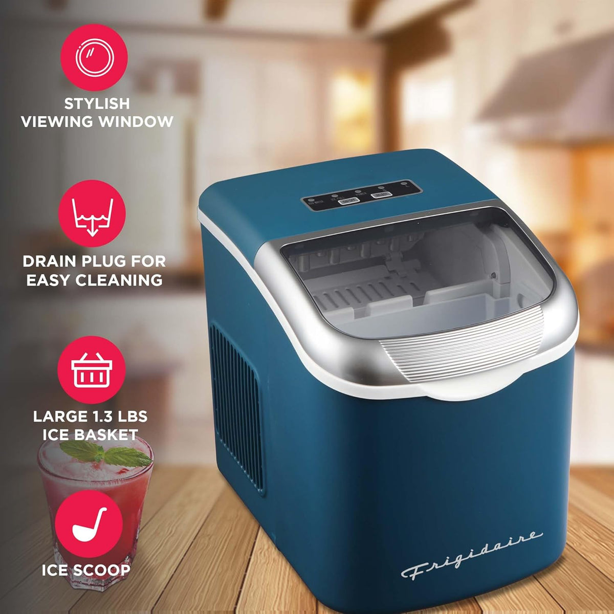 Retro Compact Ice Maker Machine, Bullet Ice, 26 lb per Day (Blue)