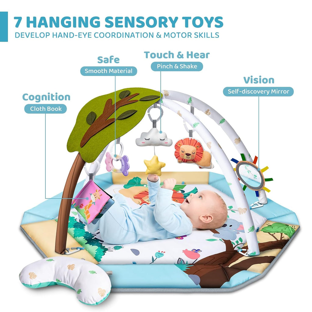 Baby Gym Play Mat, 8-in-1 Tummy Time Mat & Ball Pit with 6 Toys, Washable Baby Activity Play Mat for Visual, Hearing