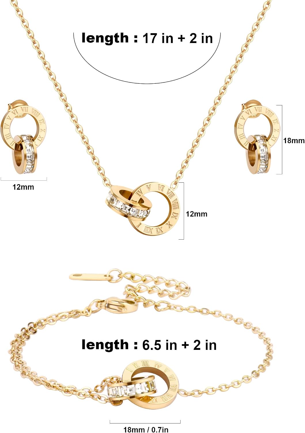 Dainty Necklace Bracelet Earrings Set for Women Gold Silver Rose Gold Diamond Interlocking Circle Jewelry Set for