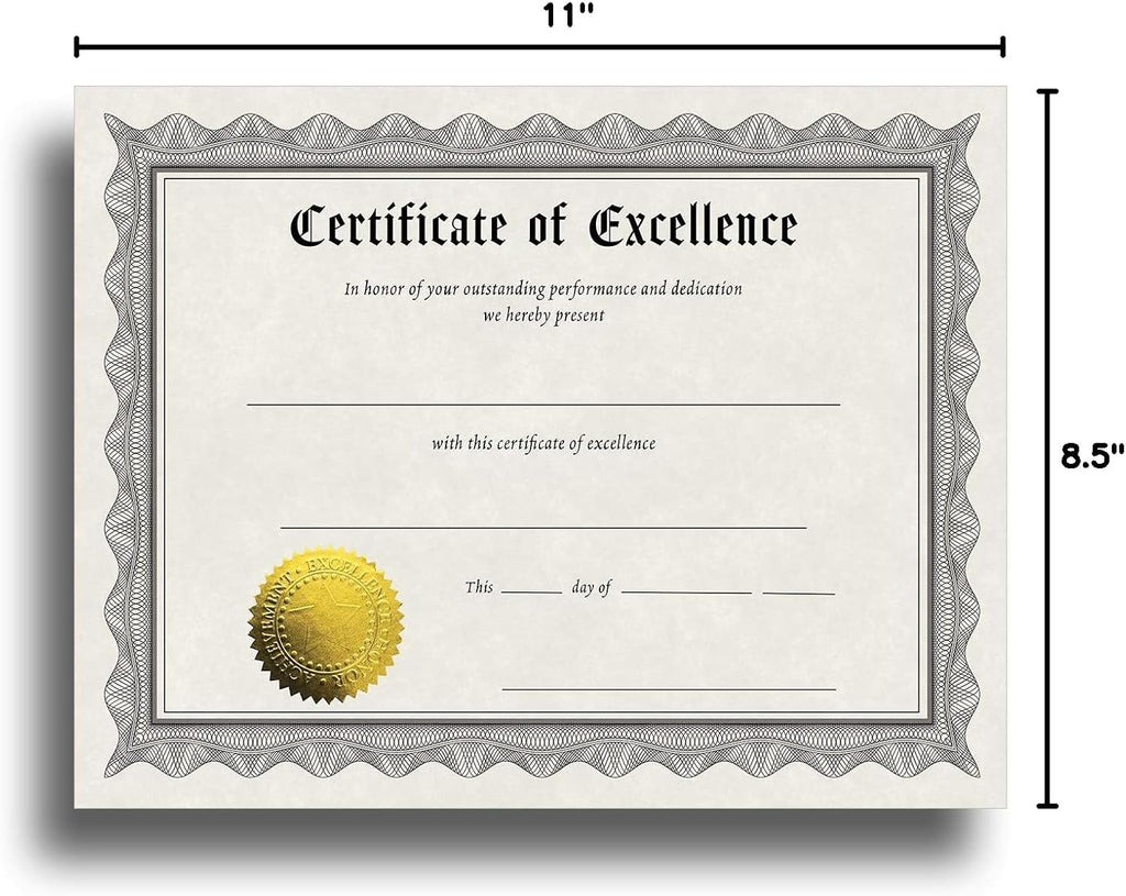 Certificate of Excellence Certificate Paper with Embossed Gold Foil Seals - 30 Pack - Parchment Award Certificates