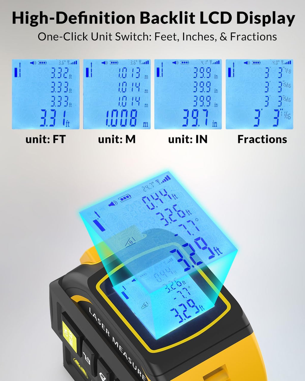 Laser Tape Measure 4-in-1, 197FT Laser Distance Meter with 16FT Auto-Lock Tape, Cross-Line Laser Level, Dual-Axis