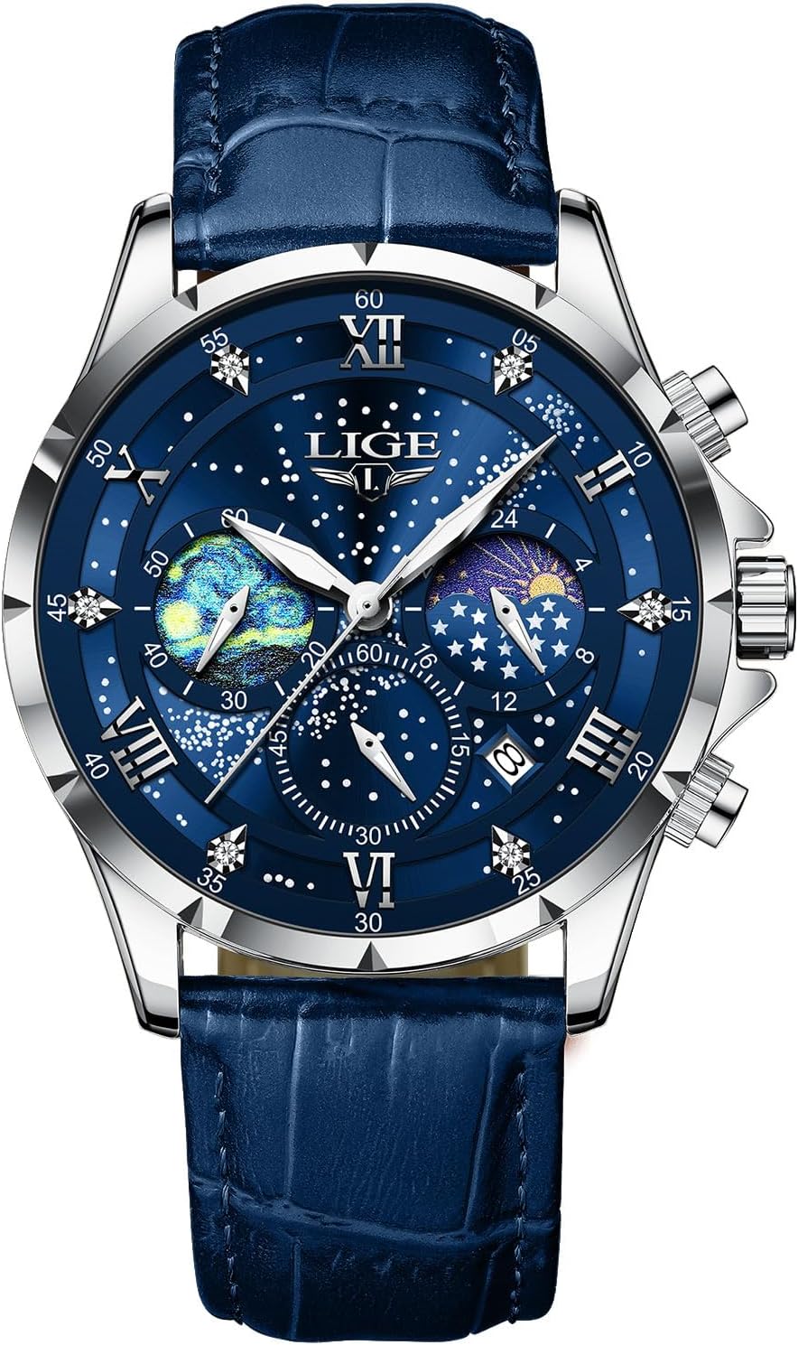 Waterproof Watches for Men Analog Dress Water Proof Chronograph Work Casual Leather Water-Resistant Lunar Phase
