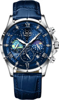 Waterproof Watches for Men Analog Dress Water Proof Chronograph Work Casual Leather Water-Resistant Lunar Phase