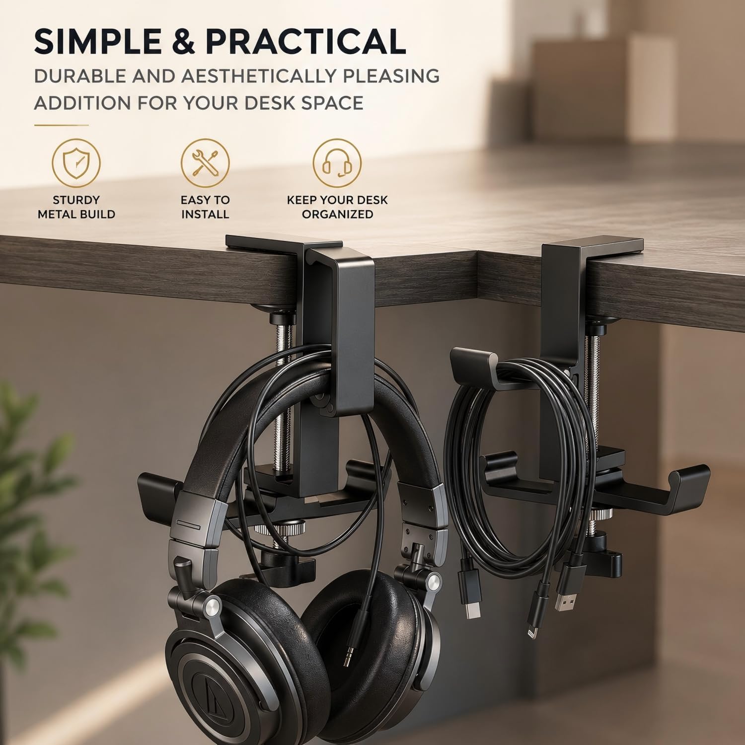 Headphone Stand for Desk, 3 Hooks Aluminum Alloy Headphone Holder (1 Foldable+2 Fixed) Space Saving Headset Stand
