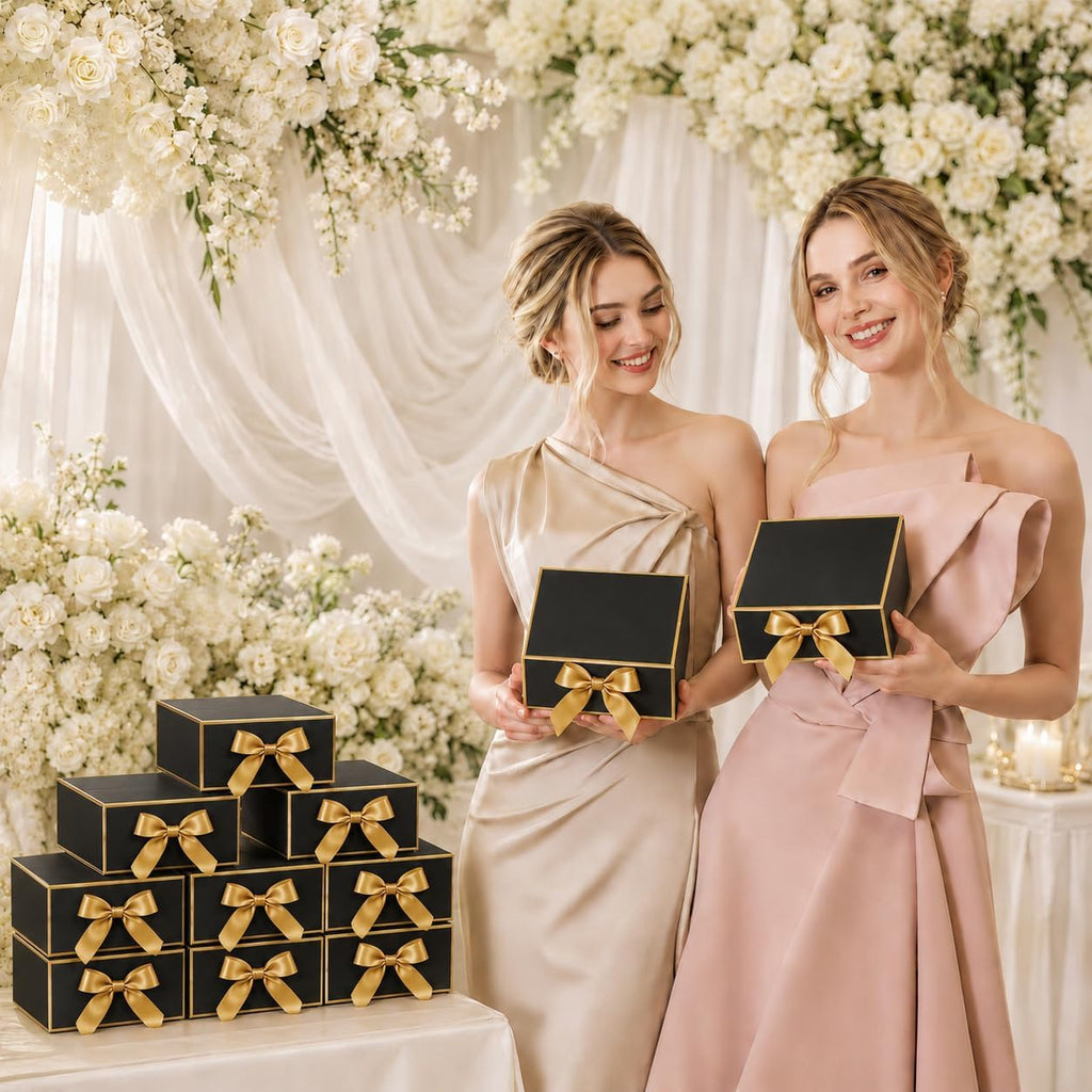 12Pack Small Gift Boxes with Lids, Black Boxes with Gold Ribbon