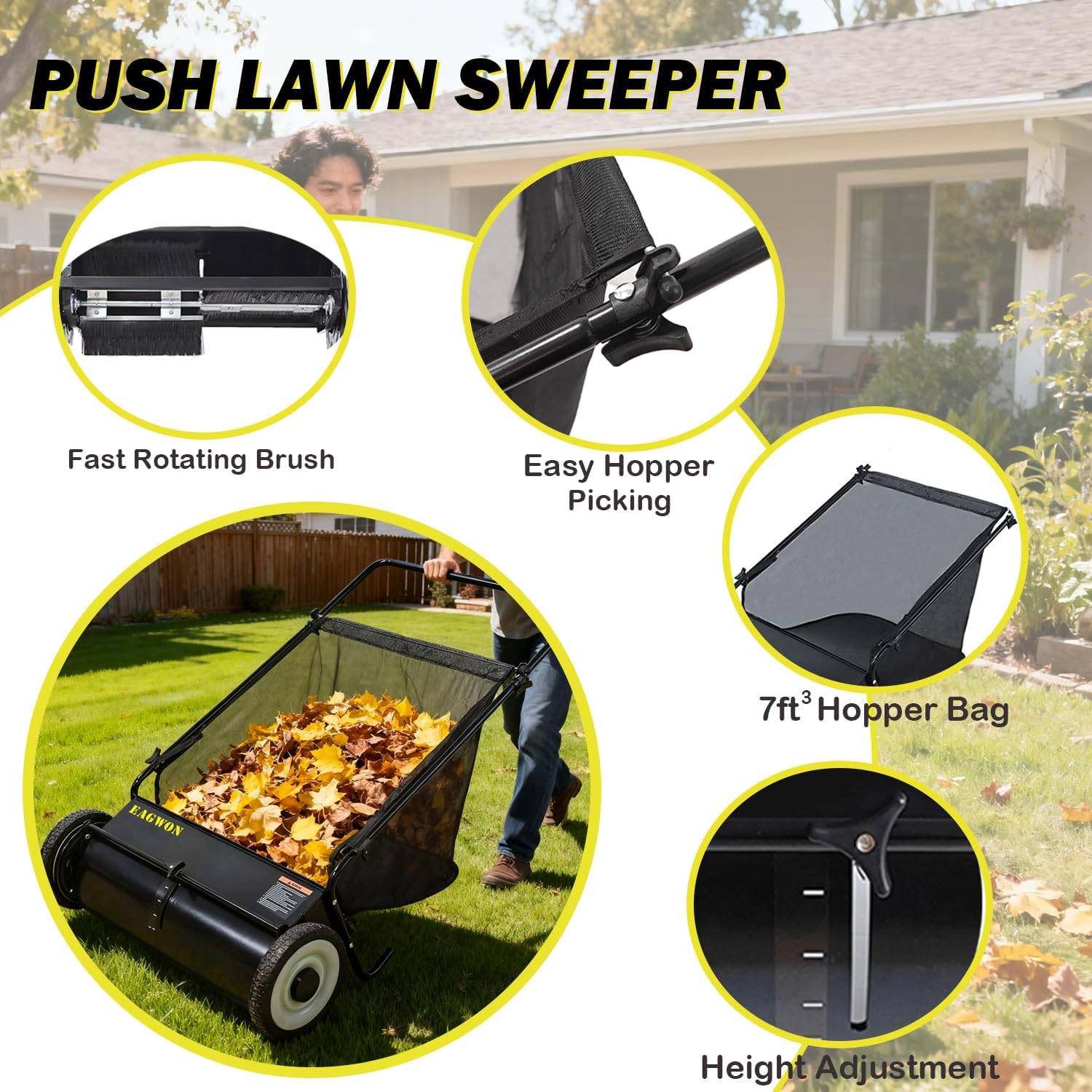 Push Lawn Sweeper, 26-Inch Width, 7 Cu. Ft. Hopper Capacity, 4 Spinning Brushes, Adjustable Height, Durable Steel