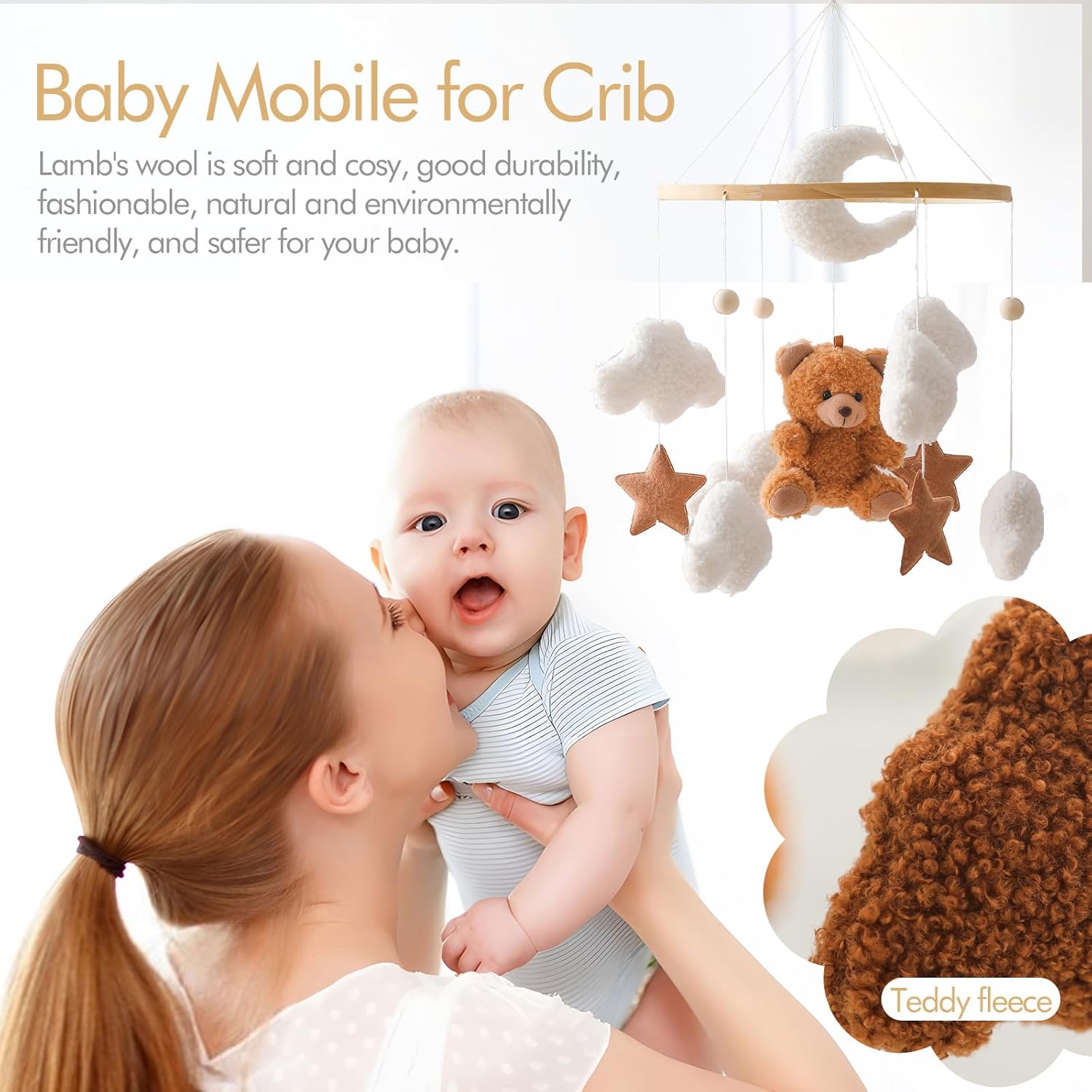 Baby Crib Mobile Bear Nursery Mobile for Boys Girls Teddy Velvet Mobile Nursery Decor for Infant Bedroom Hanging Baby