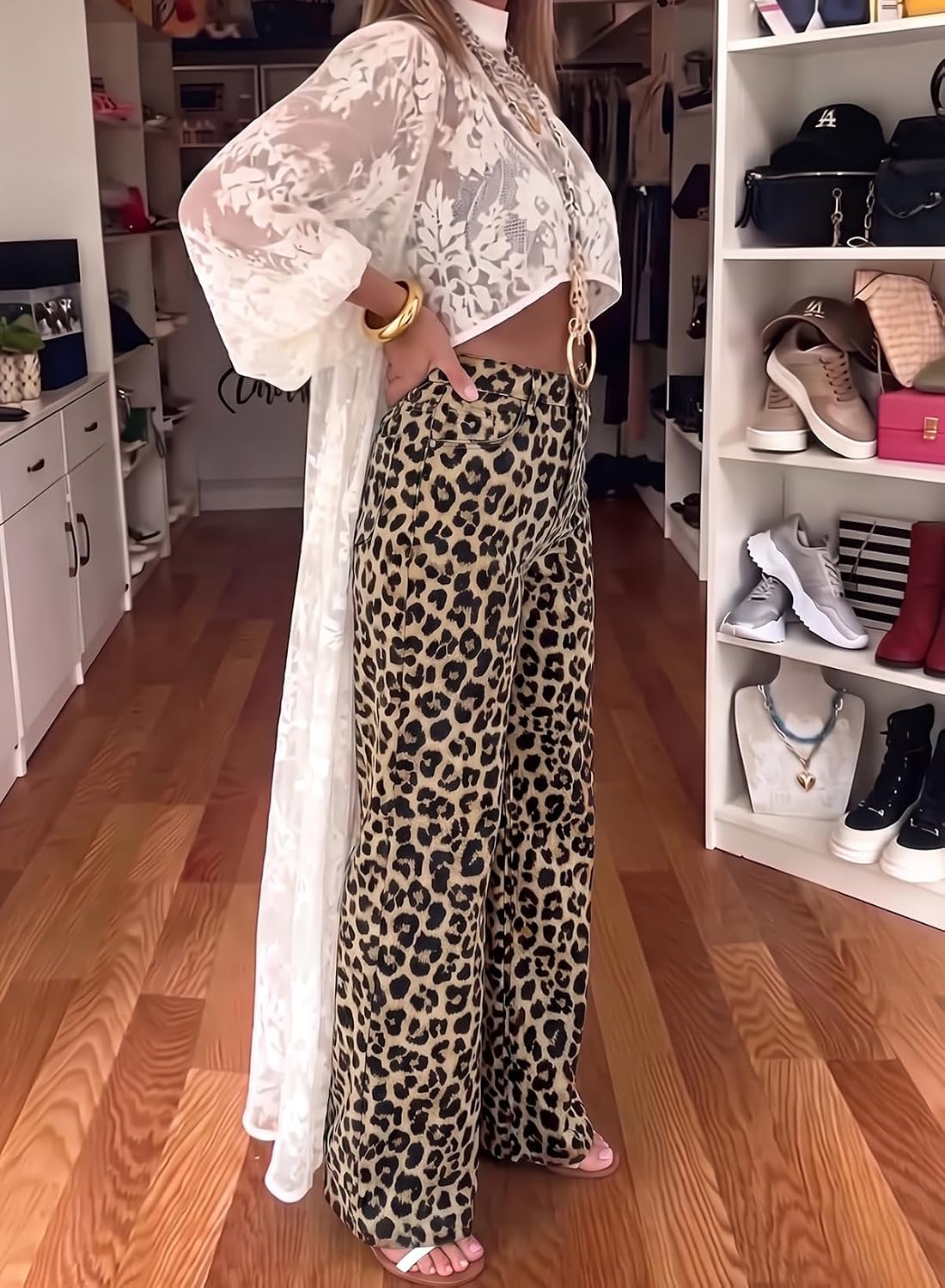 Women's High Waisted Jeans Wide Leg Leopard Print Denim Pants