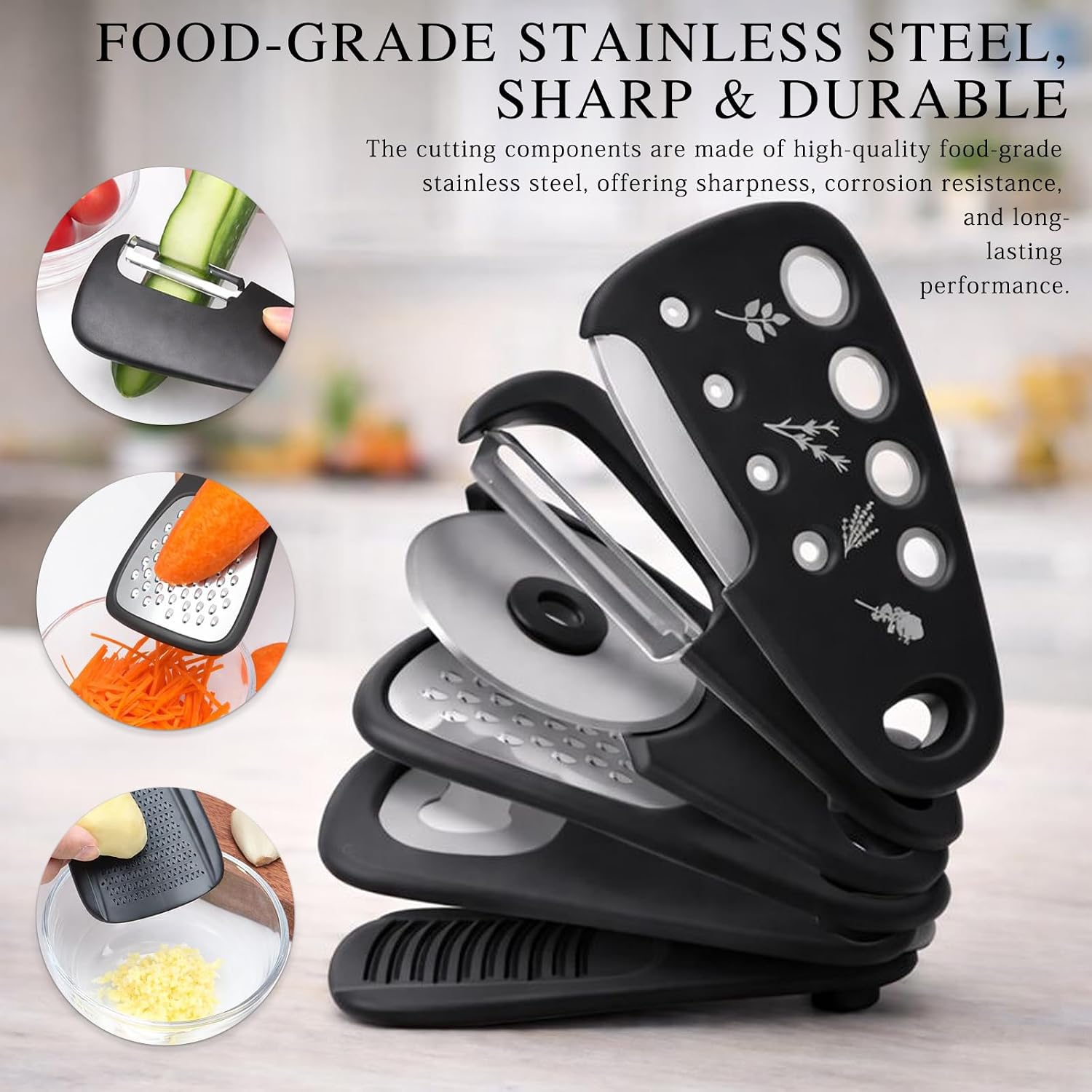 6-Piece Unique Kitchen Gadget Set in Black, Stackable Space-Saving Tools Including Grater, Peeler, Pizza Cutter, and