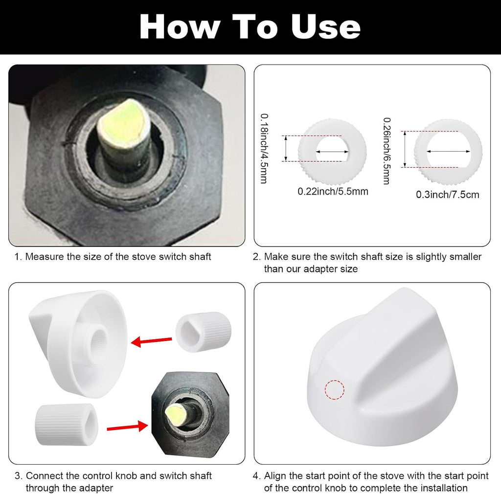 4 Stove Knobs Replacement with 12 Adapters for Oven Range,White | Universal Fit Adapters for Gas Electric Range