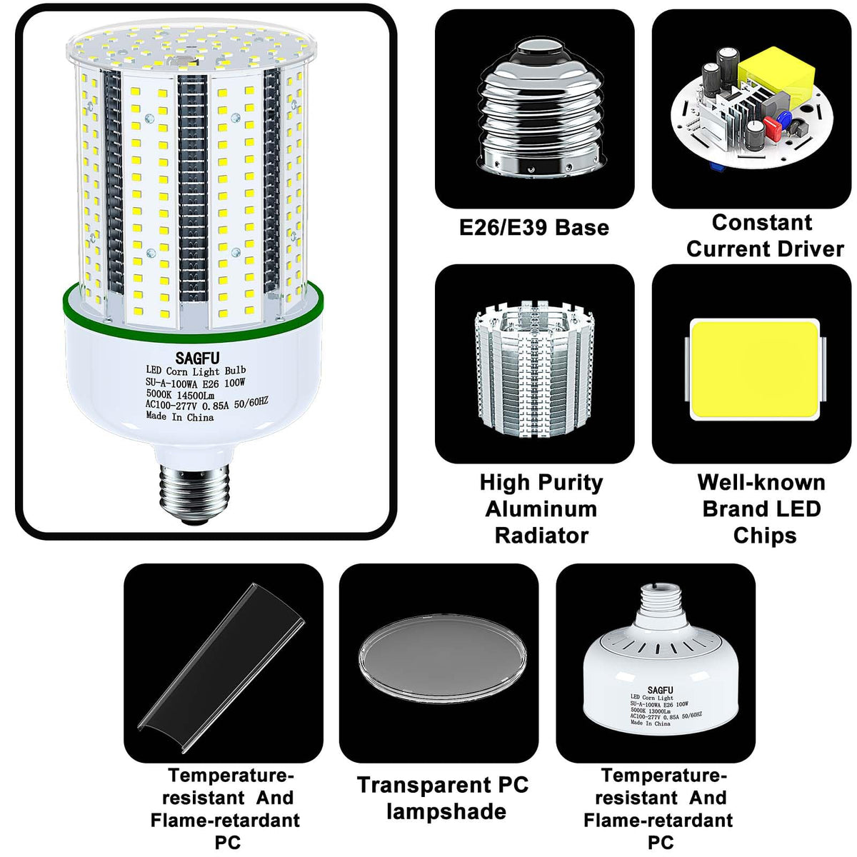 100W LED Corn Light Bulb,LED Corn Bulb 5000K Daylight White,2-Pack 1000W Equivalent, Super Bright,E26 E39 Base for