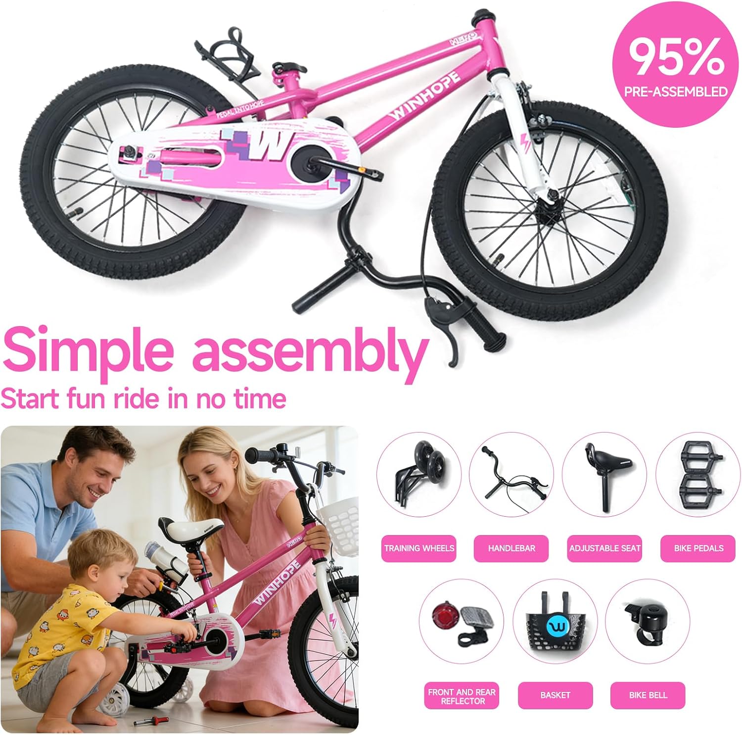 12-18 Inch Kids Bike with Light up Training Wheels for Boys Girls | Dual Brake Bicycle with Basket Adjustable Seat