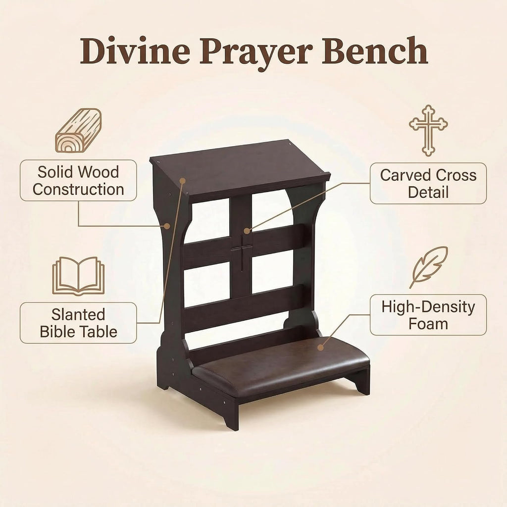Prayer Kneeler Wooden Bench Stool with Padded Cushion and Storage Shelf - Heavy Duty Solid Wood Prayer Kneeler for